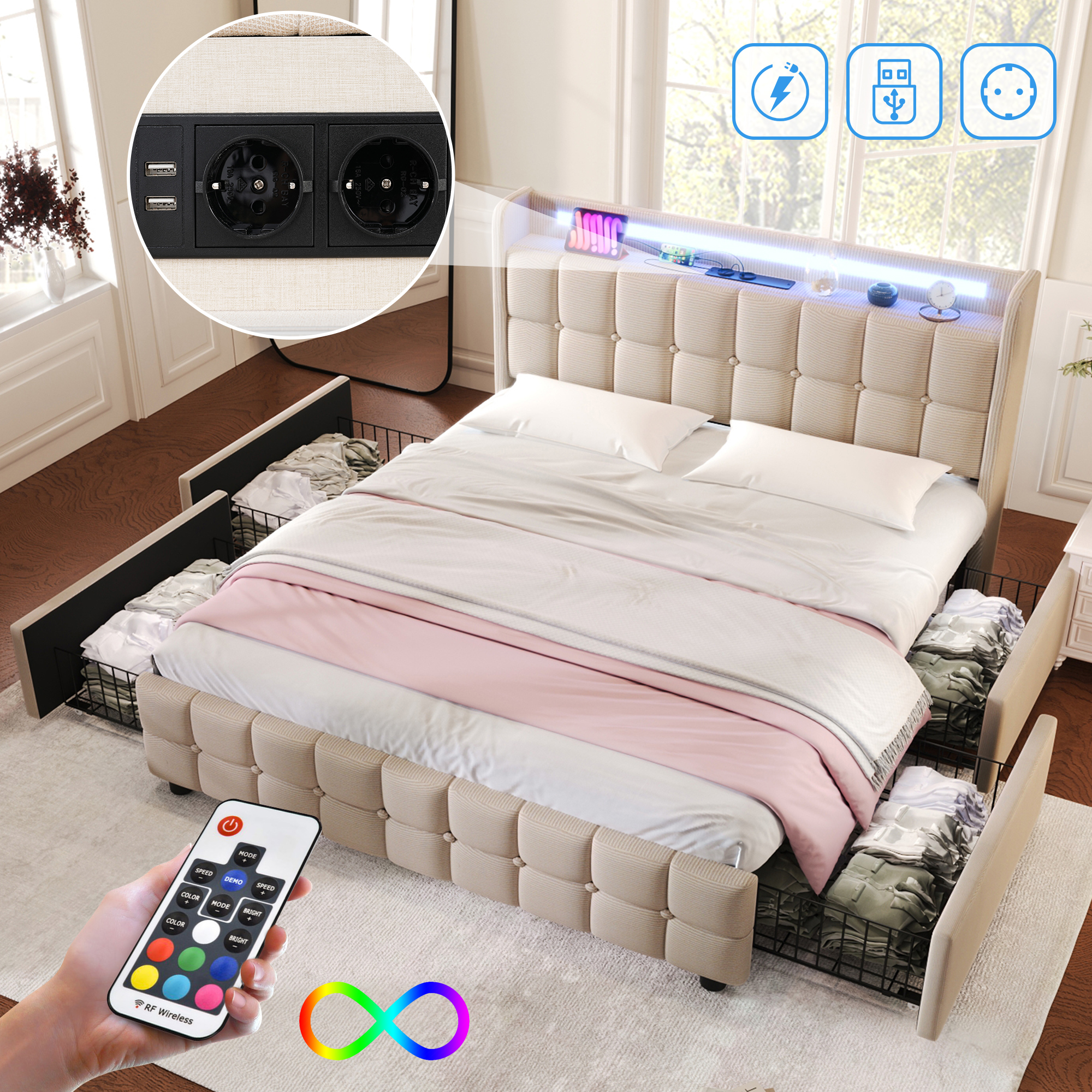 Sofa Bed With USB Charging Function, Headboard And LED Lighting And 4 Drawers, Double Bed 180x200cm, Storage Bed Frame, Wooden Spring Bed, Beige Witho