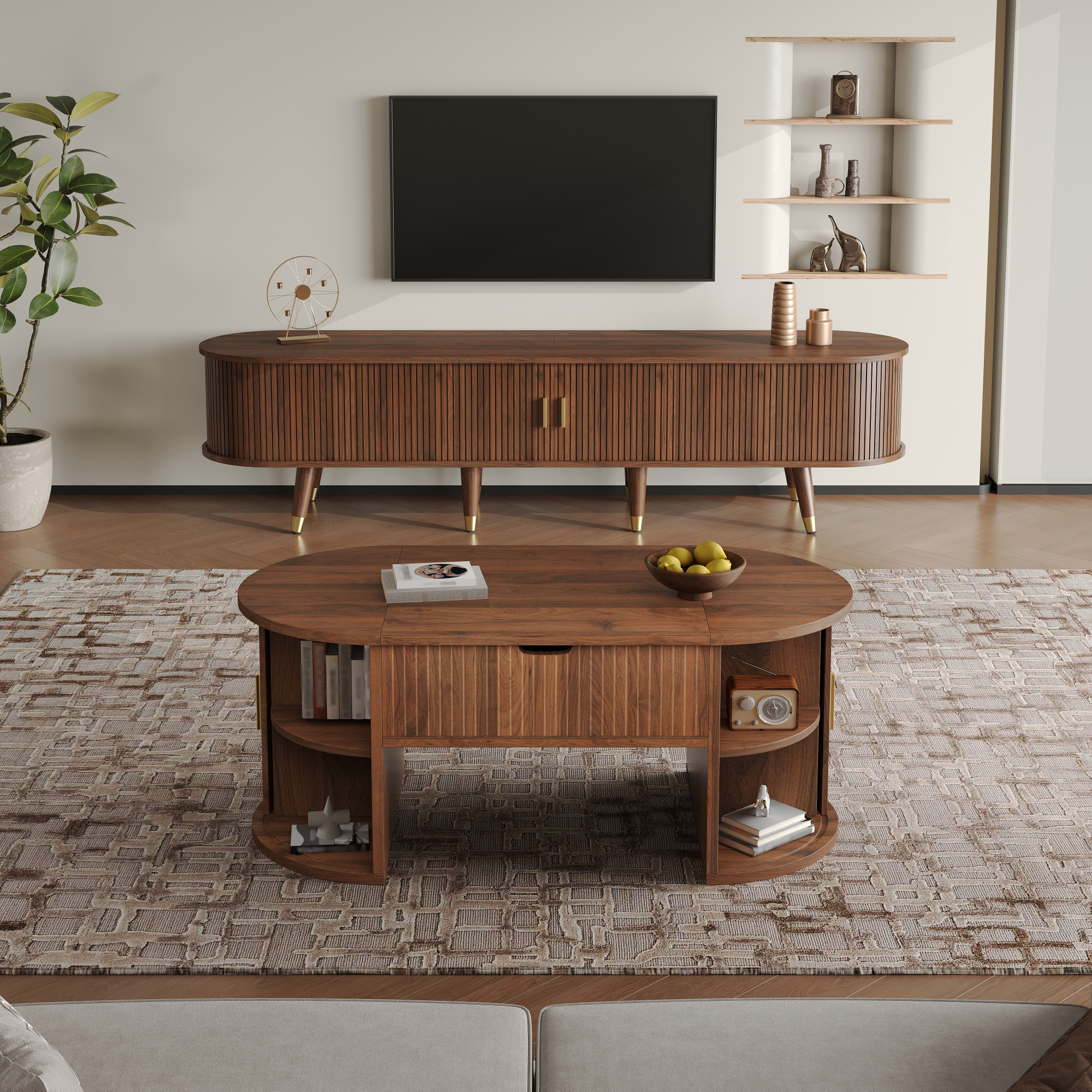 2-piece Living Room Set, Coffee Table With Lifting Plate, TV Cabinet, Sliding Doors, Vertical Fluting, Wooden Feet, Golden Handles, Storage Space