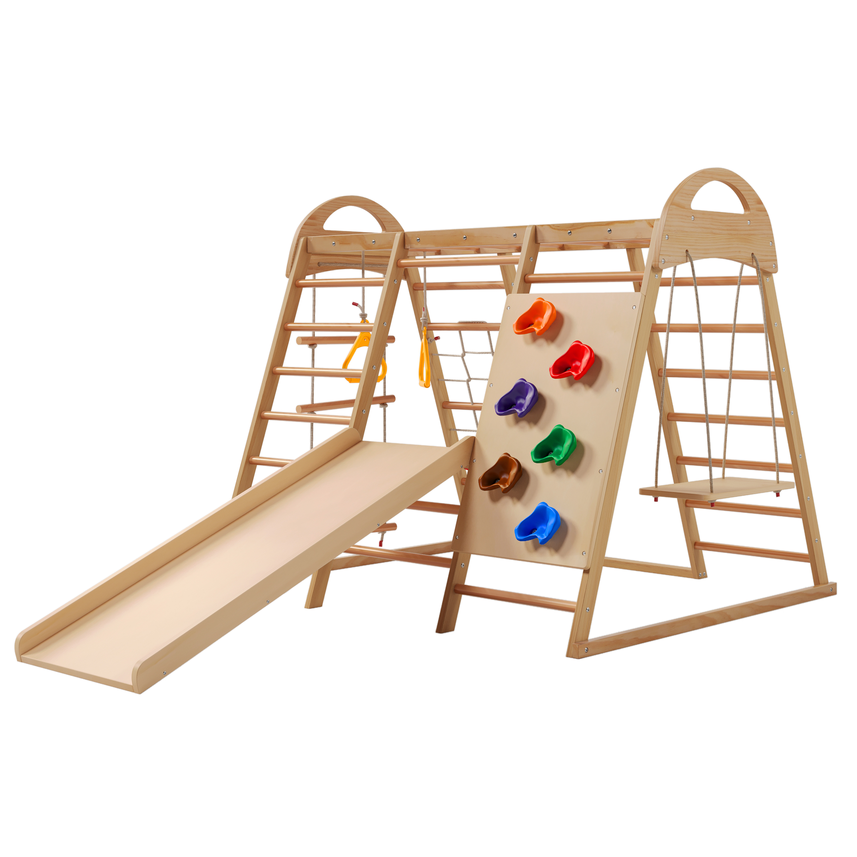 7-in-1 Multi-function Climbing Frame ,solid Wood, Plywood And Beech Wood. Swing, Climbing Ladder, Climbing Slab Slide, A Net For Climbing, Plastic Cli