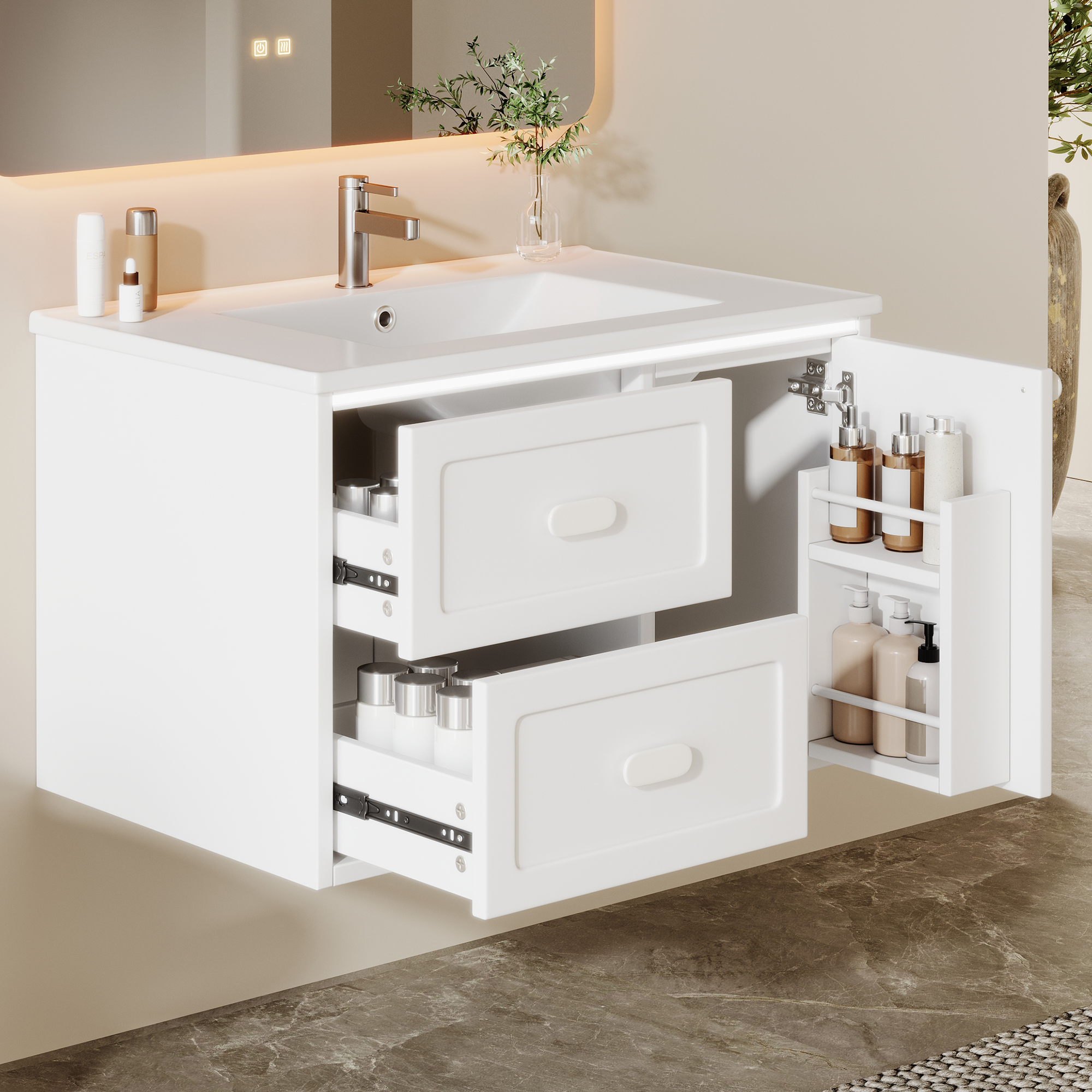 76x46x51cm Bathroom Wall Cabinet, Fully Painted, LED R Adar Sensor Lighting, Two Drawers, Quiet Sliding Rails, Integrated Washbasin, White