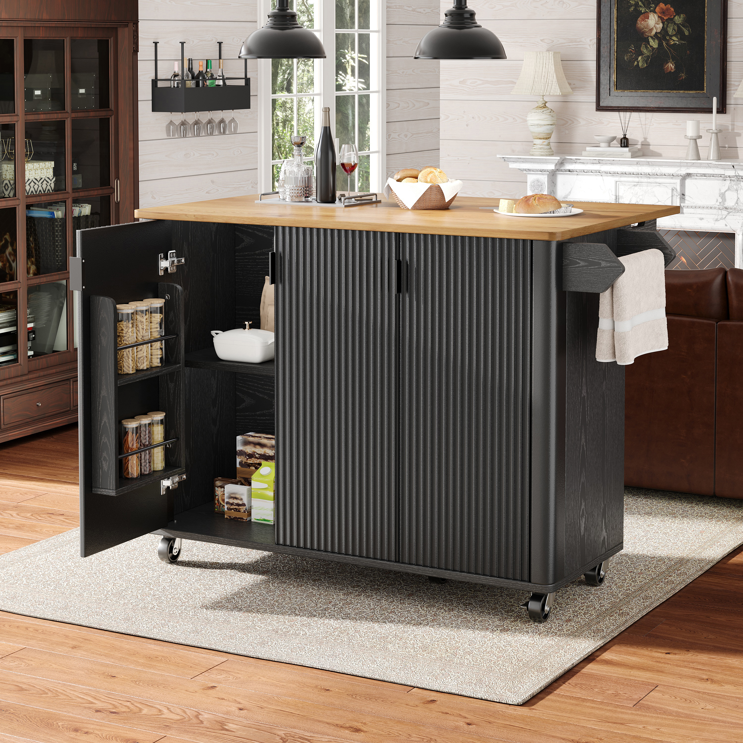 Kitchen Island, Dining Car With Wood Grain, Buffet, 130x45 X92cm, Pull-out Kitchen Trolley On Wheels With Towel Rail, Spice Rack, Dividers Adjustable,