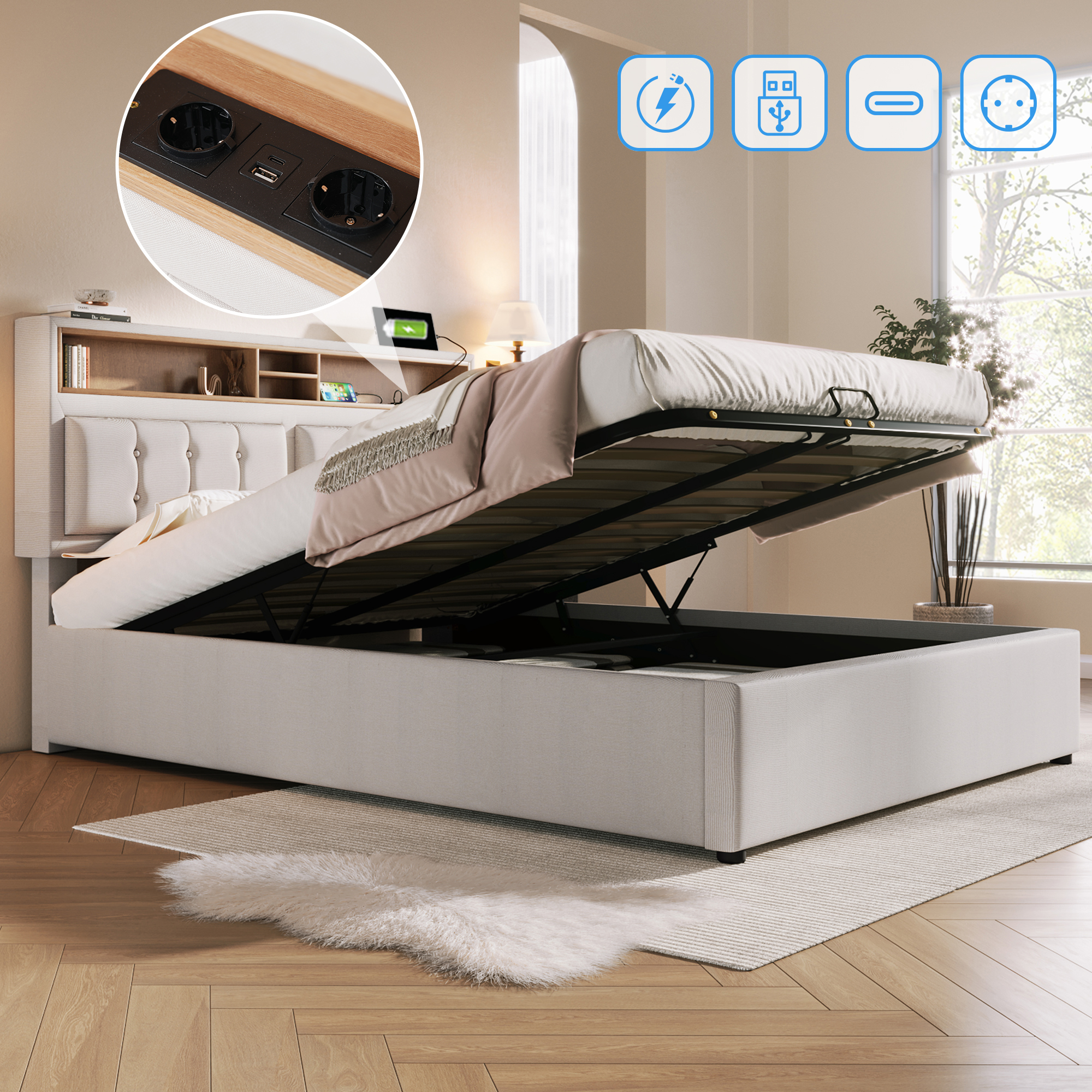Upholstered Bed Double Bed With USB C Socket Charging Function Headboard, Storage Beds Bed Frame Made Of Linen Material Youth Bed 140x200 With Slatted Base Without Mattress