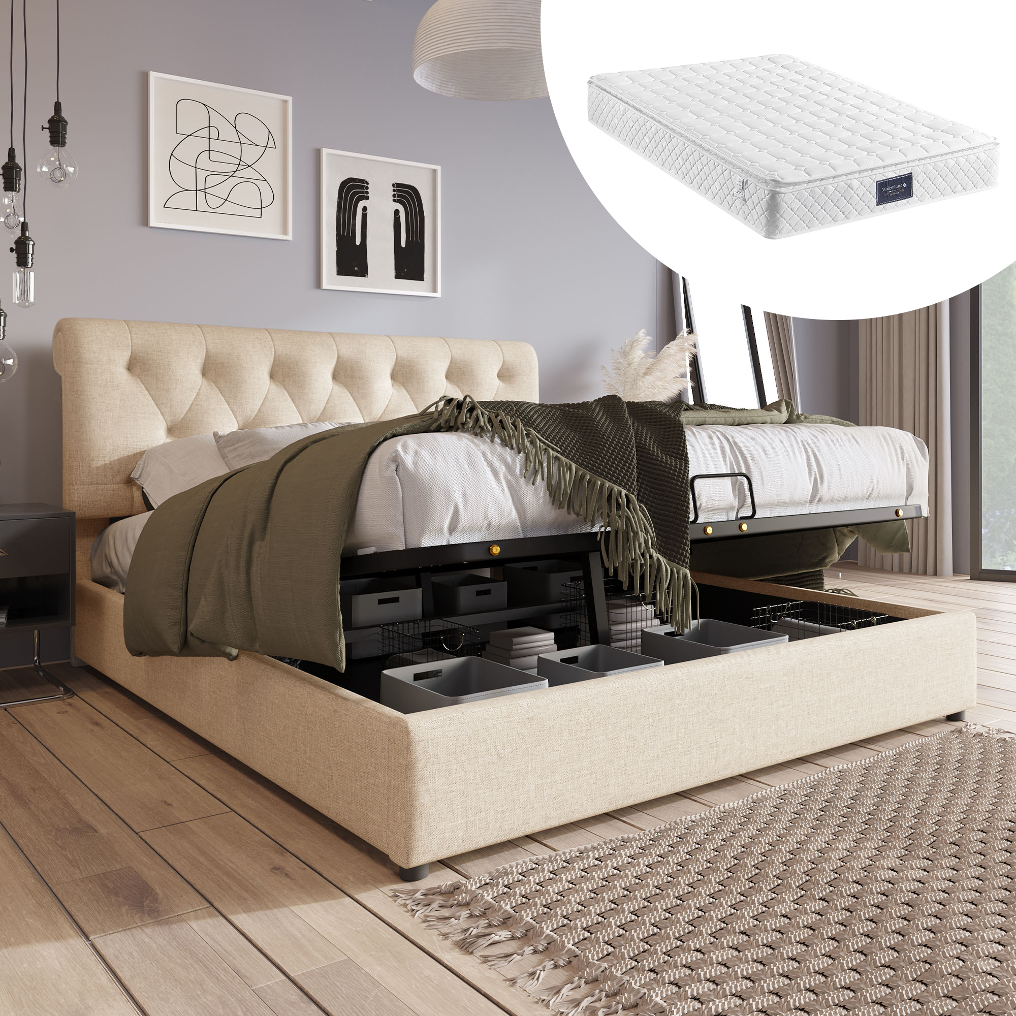 Hydraulic Double Bed Upholstered Bed 160x200cm,Adjustable Headboard, Bed With Metal Frame Slatted Frame, Modern Bed Frame With Storage Space, Natural, Mattress Included