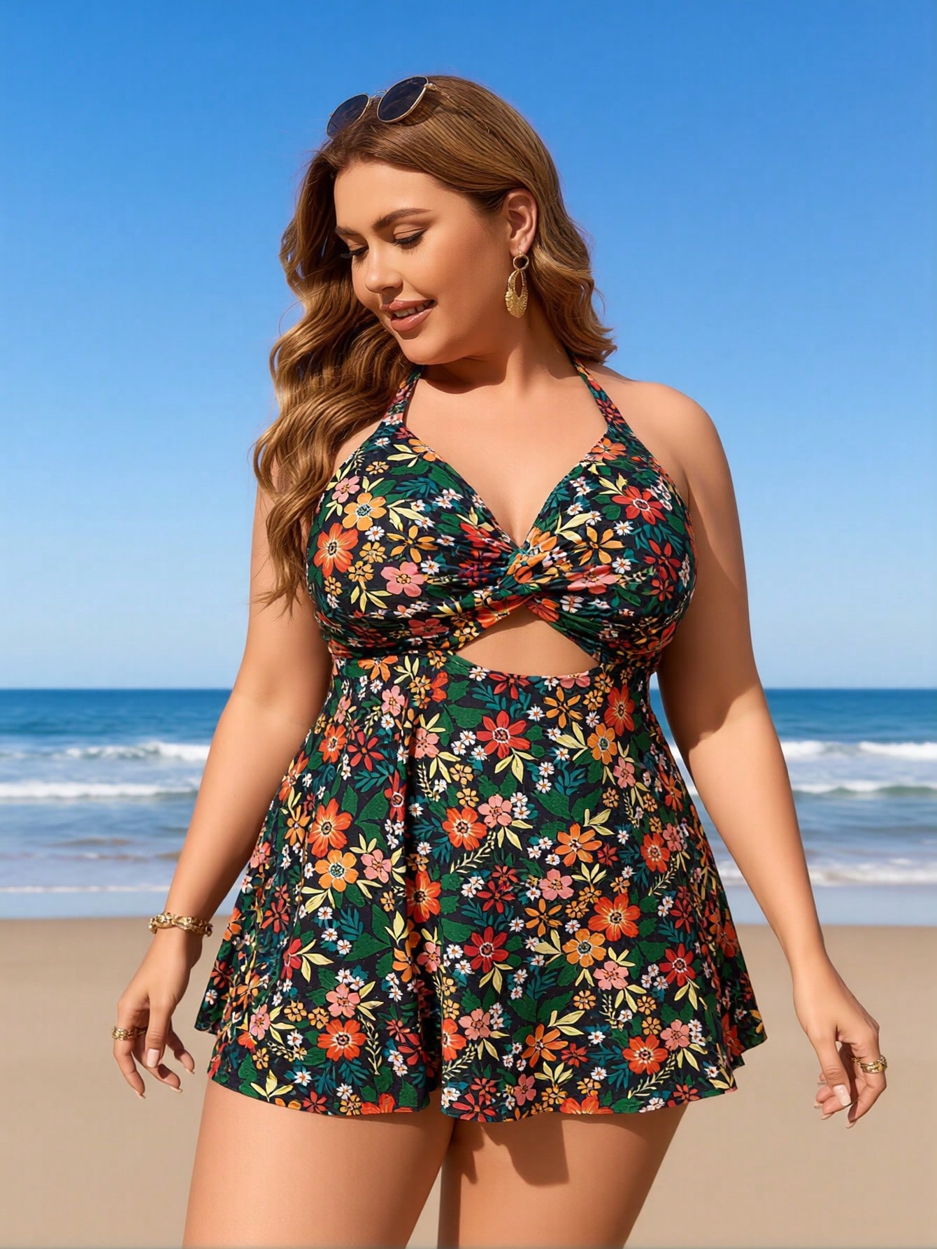 2026 New Plus Size Women's Sexy Fashion Vintage Floral Halter Twist One-Piece Swimdress For Vacation & Leisure — foto 4