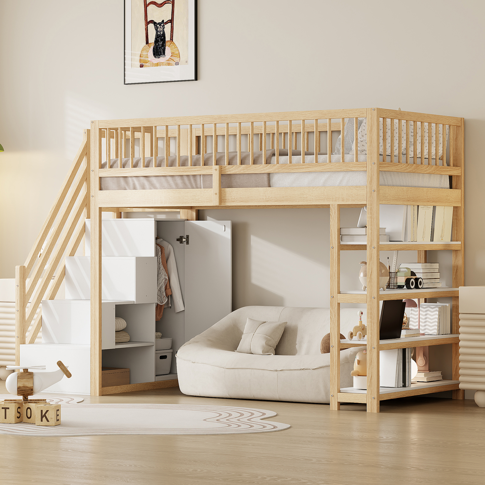 Loft Bed 90 X 200, High Fence Security Design With Wardrobe, Shelves And Storage Space With Safety Climbing Ladder, Multifunctional Bed, Solid Wood Bed, Wood Color
