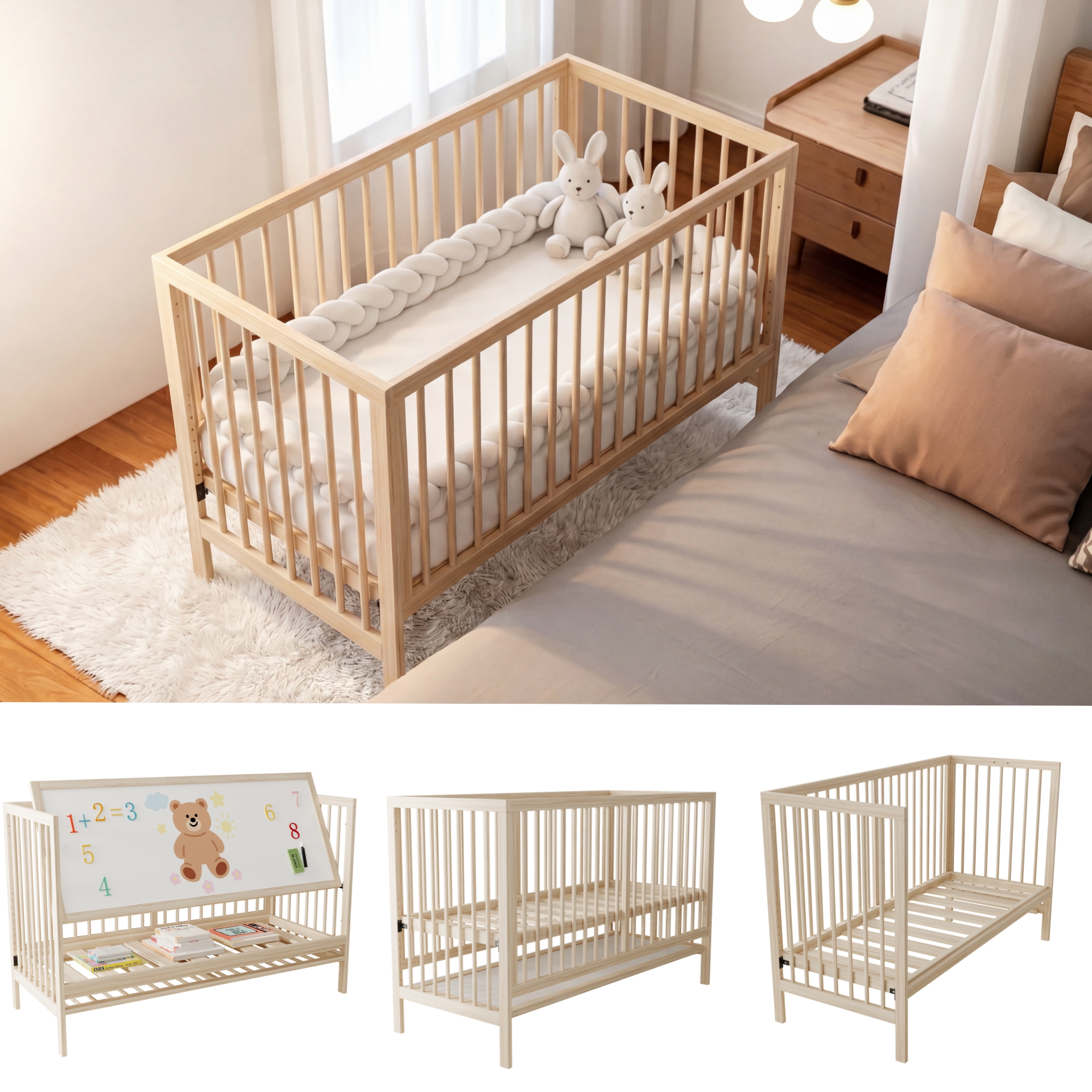 Wooden Baby Bed, Multifunctional Baby Bed, Convertible Into Co-sleeper, Easel & Desk, Multi-level Height Adjustable, Made Of Pine Wood, Natural Wood C