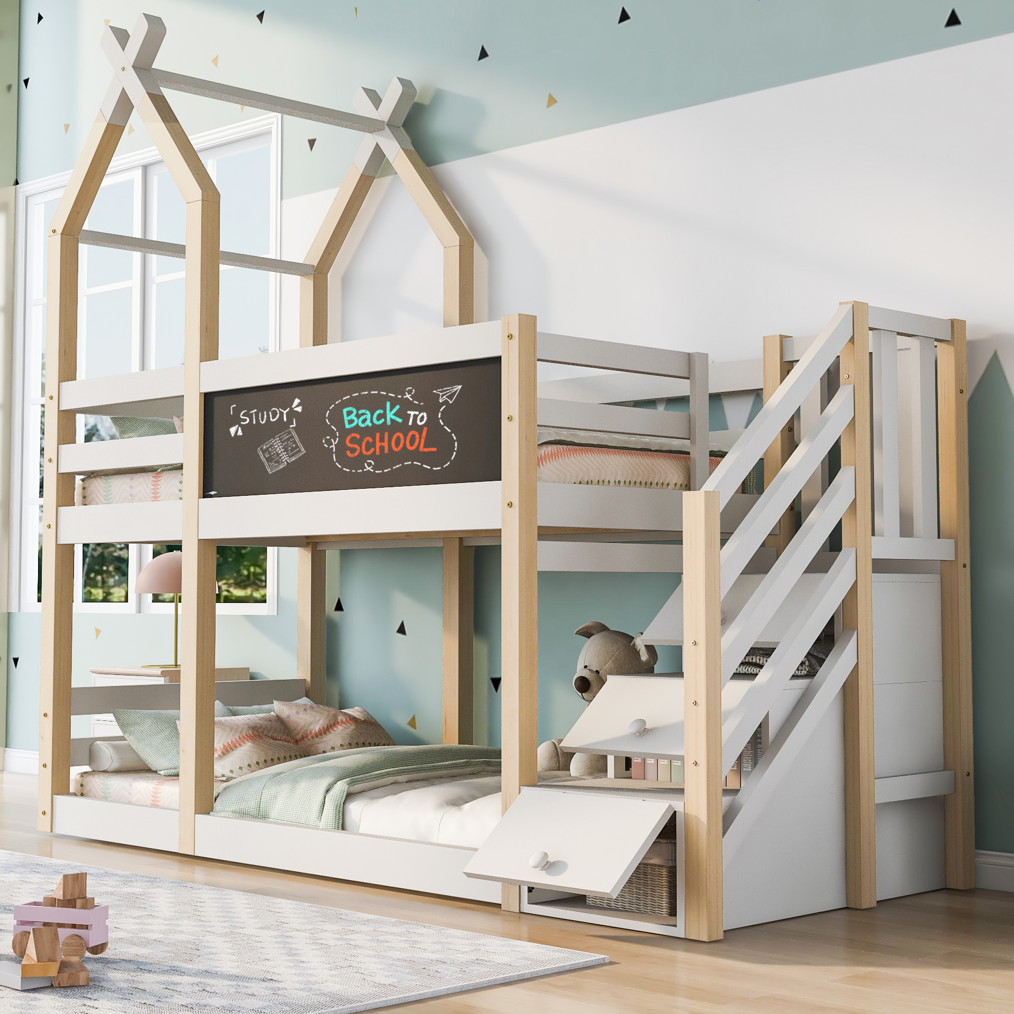 AB30307123W Bunk Bed 90x200, Cot Tree House Design Incl. Blackboard, With Storage And Fall Out Protection, Loft Bed For Children   2x Slatted Frame   Natural & White  Without Mattress