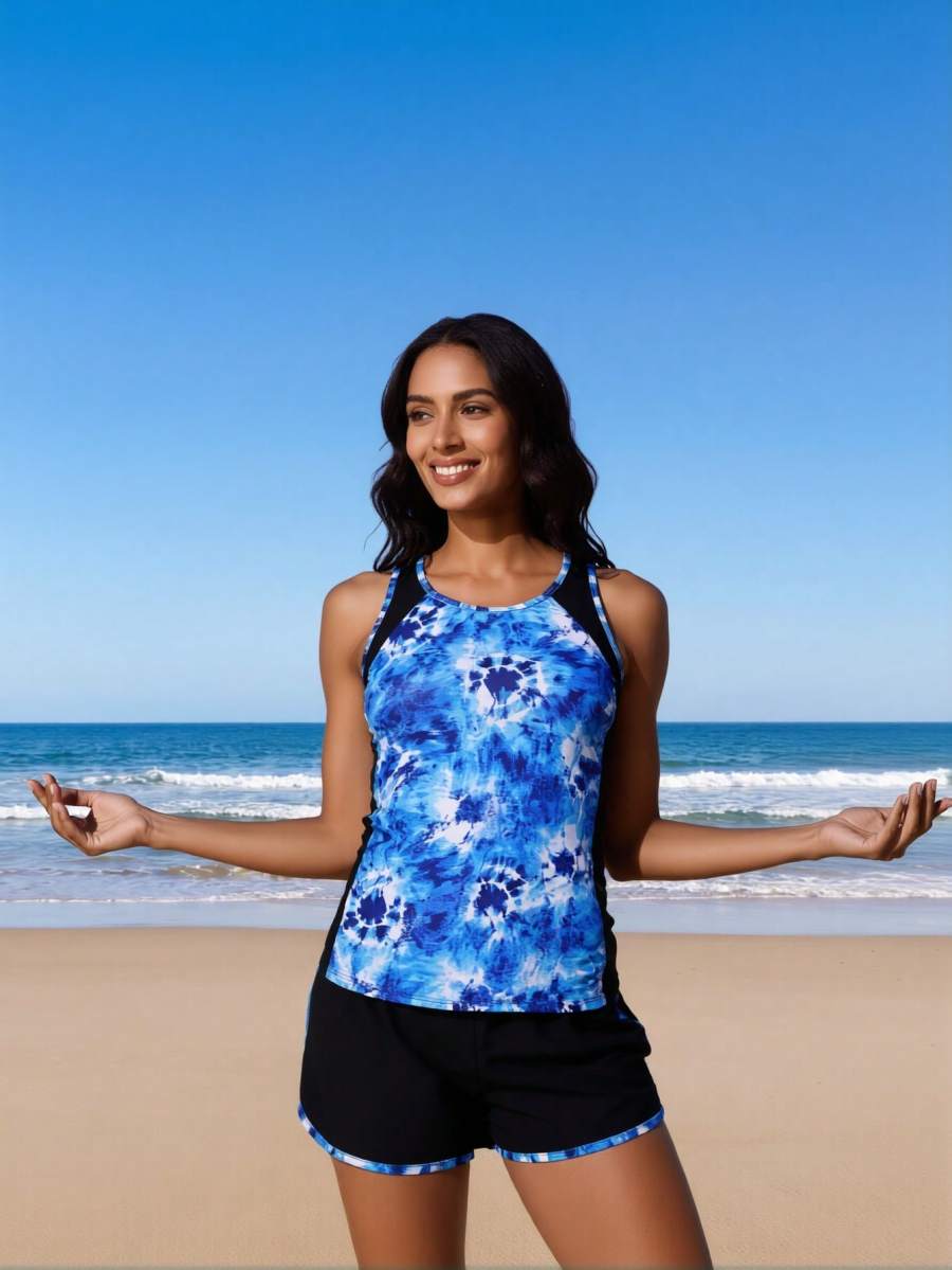2026 New Women's Sexy Fashion Blue White Tie-Dye Black Patchwork Two-Piece Boyleg Swimsuit For Vacation & Leisure