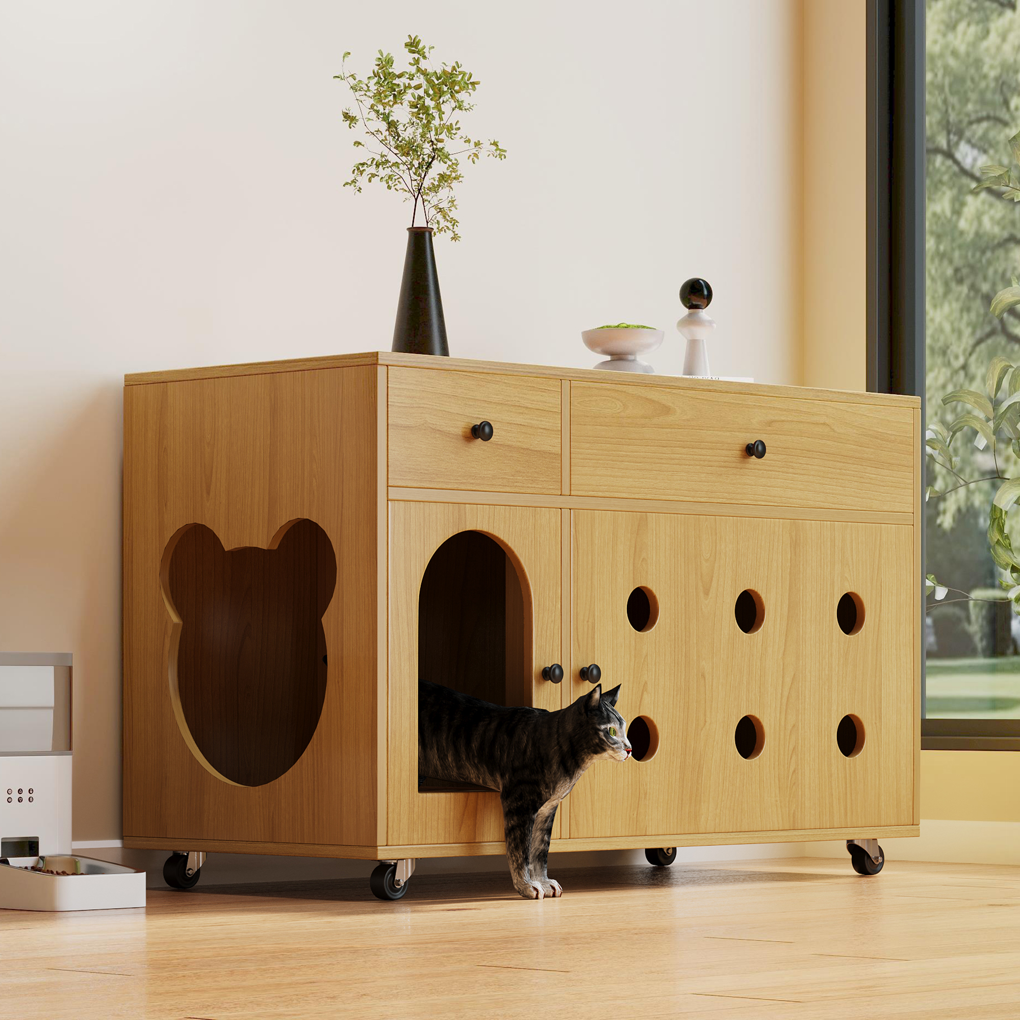 Litter Box Cabinet  Movable Litter Box    Cat Cabinet Cat House With Removable Sand Drain Plate, Odour-insulated, Without Litter Box, 1 0 0x45x66 Cm  