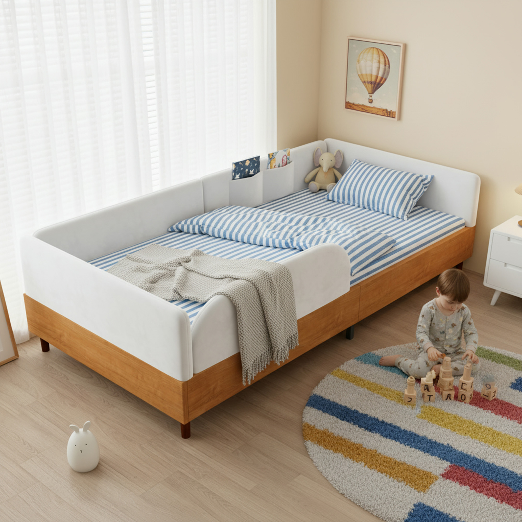Upholstered Bed, Single Bed, Velvet & Wood Design, With 2 Storage Pockets, Modern Upholstered Bed For Children's Room, Soft Anti-Collision Sponge Edge, Sturdy Bed Frame, White, 90x200cm