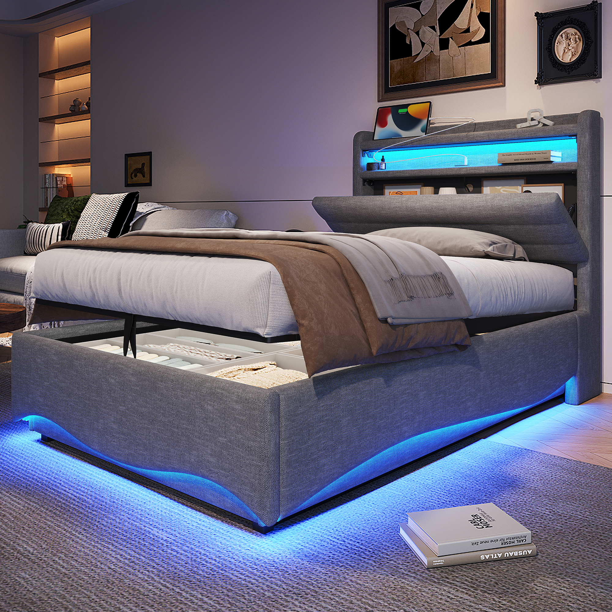 Upholstered Bed, 90 X 200 Cm, Without Mattress, With LED Lighting, With Hydraulic Mechanism, With USB And Type-C Ports, Storage Compartment, Shelves For Objects, Linen Fabric, Grey