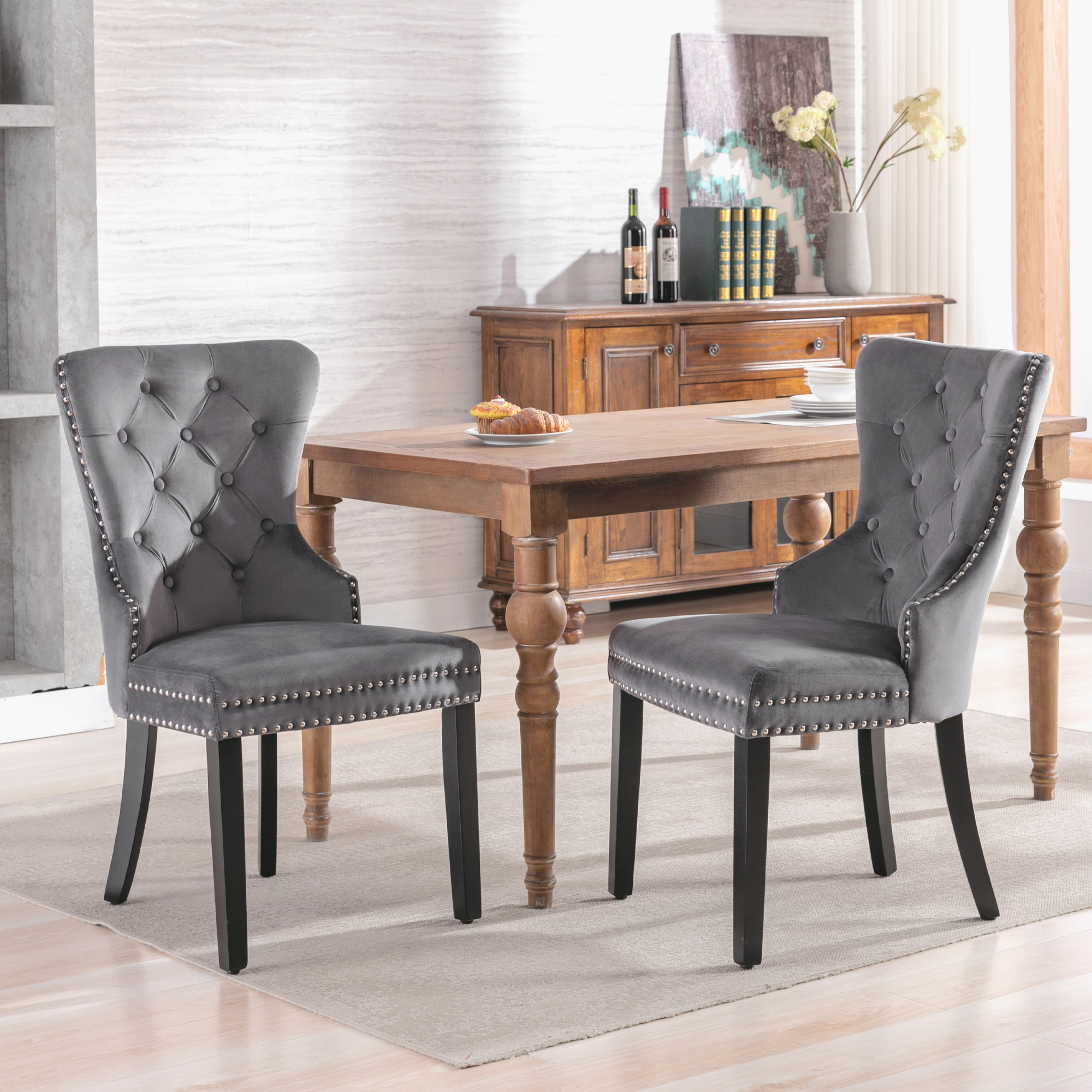 Velvet Dining Chairs Set Of 2 With Oak Legs, Knob, Chrome Knocker And Nailhead Trim Bedroom Chair Kitchen Chair Living Room Lounge Leisure Chair  Gray