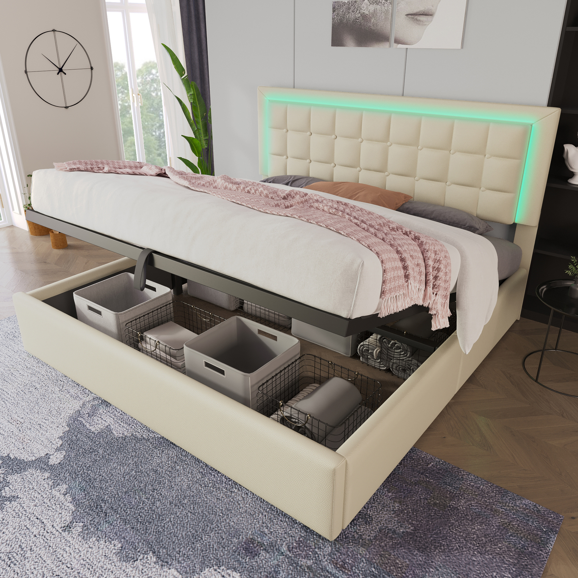 061415AAW Upholstered Bed With Slatted Frame And Storage Space Double Bed Incl. LED Lighting Strip Bed Frame 160x200cm, Storage Bed Functional Bed Cover Made Of Imitation Leather White, Without Matt