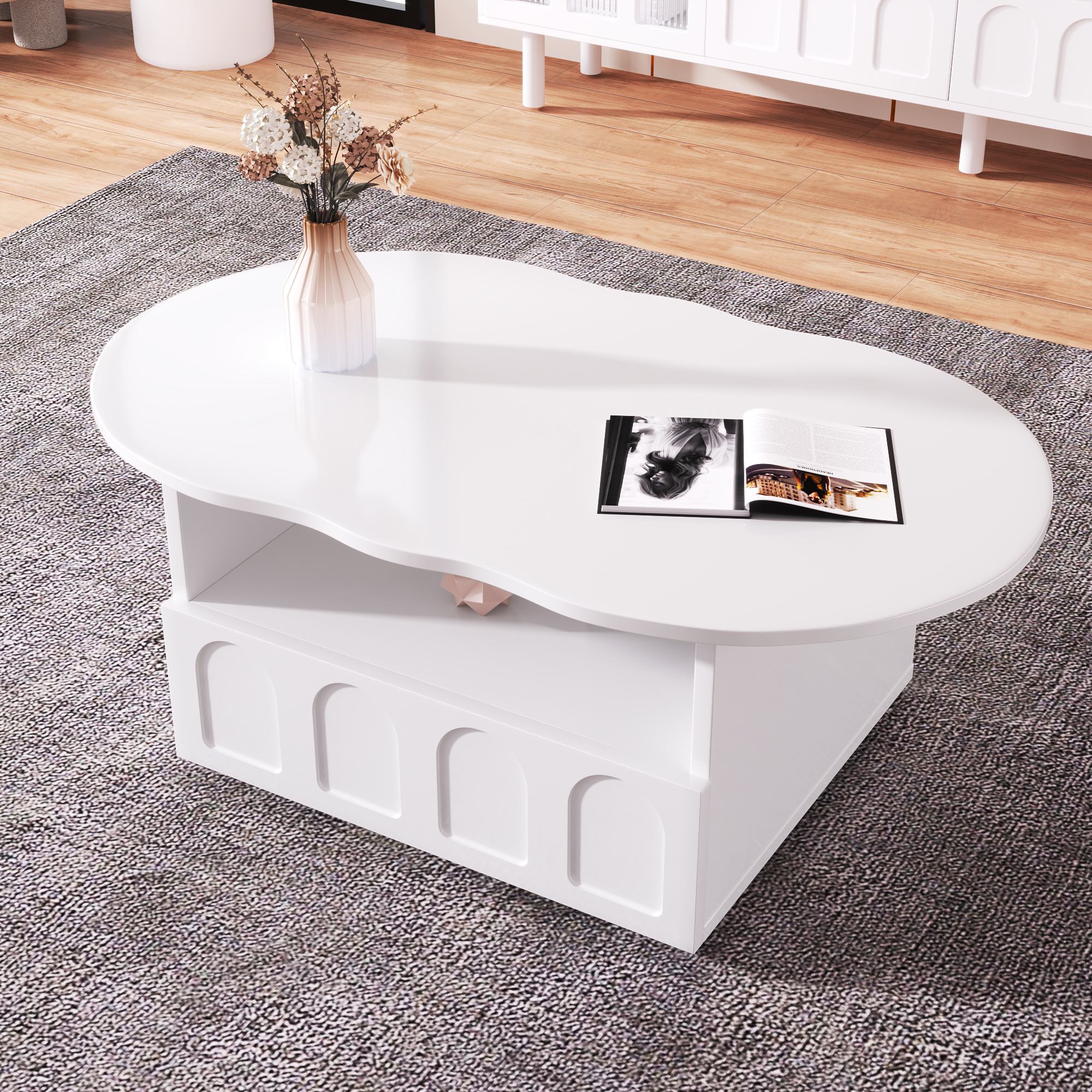 Coffee Table, Cloud-shaped Coffee Table With Drawers And Storage Compartments.