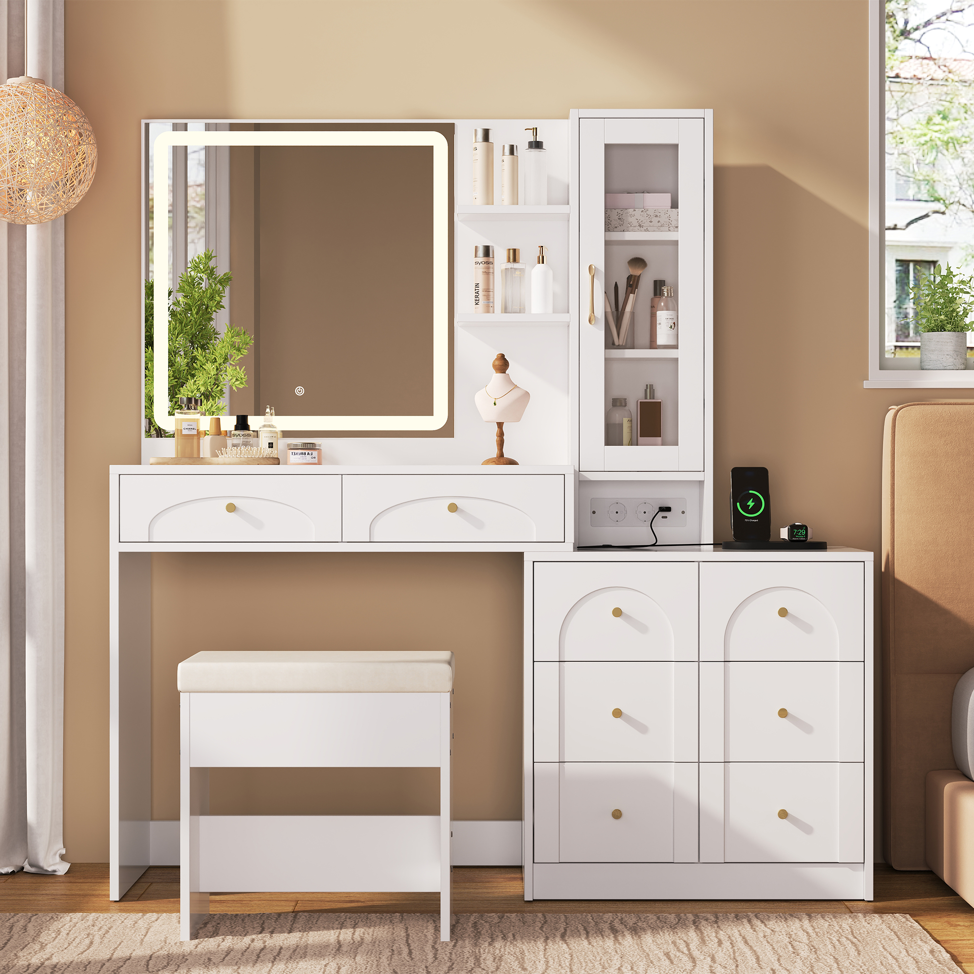 Large Dressing Table With LED Mirror, Socket, 8 Drawers & Stool - Modern Dressing Table With 2 Shelves & 1 Glass Cabinet, Plenty Of Storage Space For The Bedroom, White, 131.5X40X140 Cm