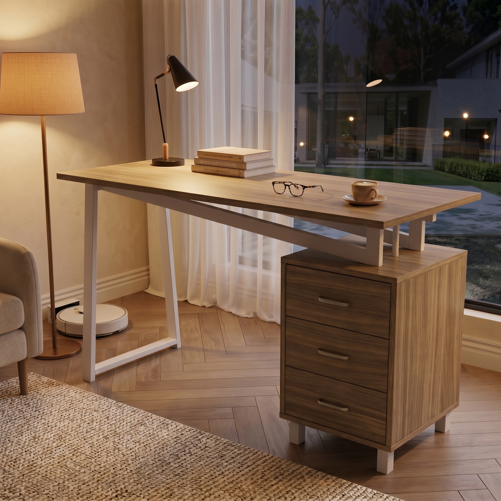 Spacious Desk With Storage Space, High-density MDF Material, Three-layer Drawer Slides, Triangular Struts, Easy To Assemble And Clean, Natural Wood White.