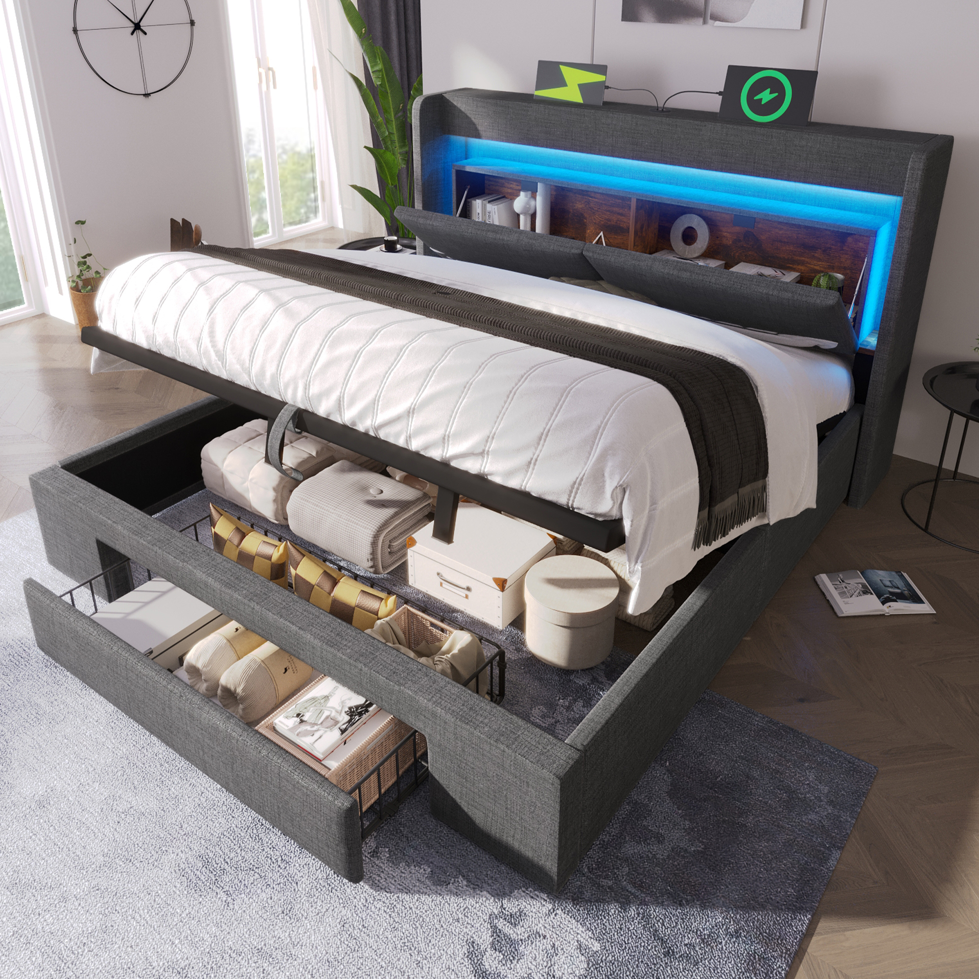 Upholstered Bed 140x200 Cm With Hydraulic Storage And Headboard With Storage Compartment, LED Lighting And USB & USB-C Port, Wooden Slatted Bed Frame, Grey, Linen, Without Mattress