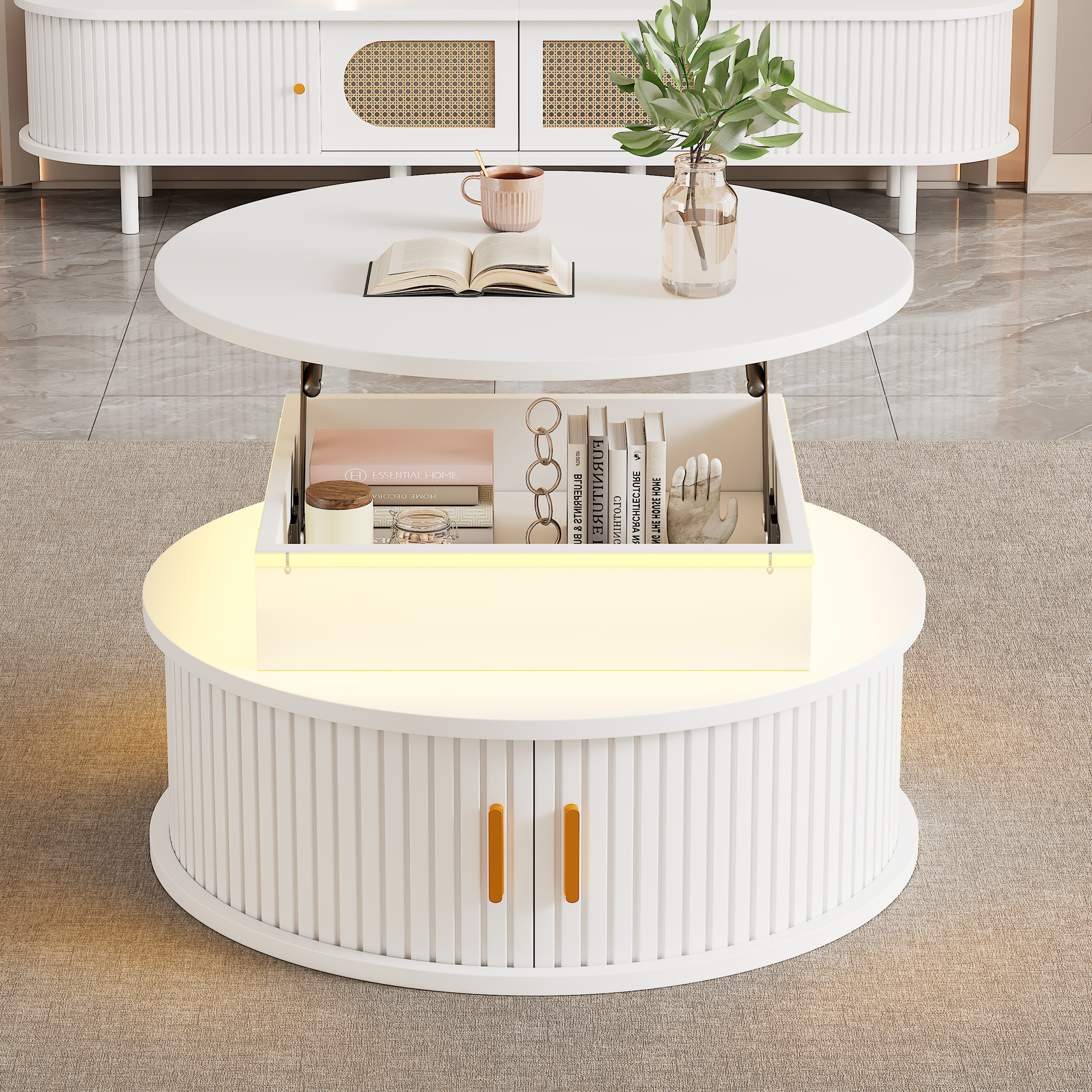 75x75x52cm Coffee Table Height Adjustable Sofa Table Side Table With LED,Round Coffee Table, Tea Table With Two Roller Doors,A White Table With Hidden Storage,High Gloss Table