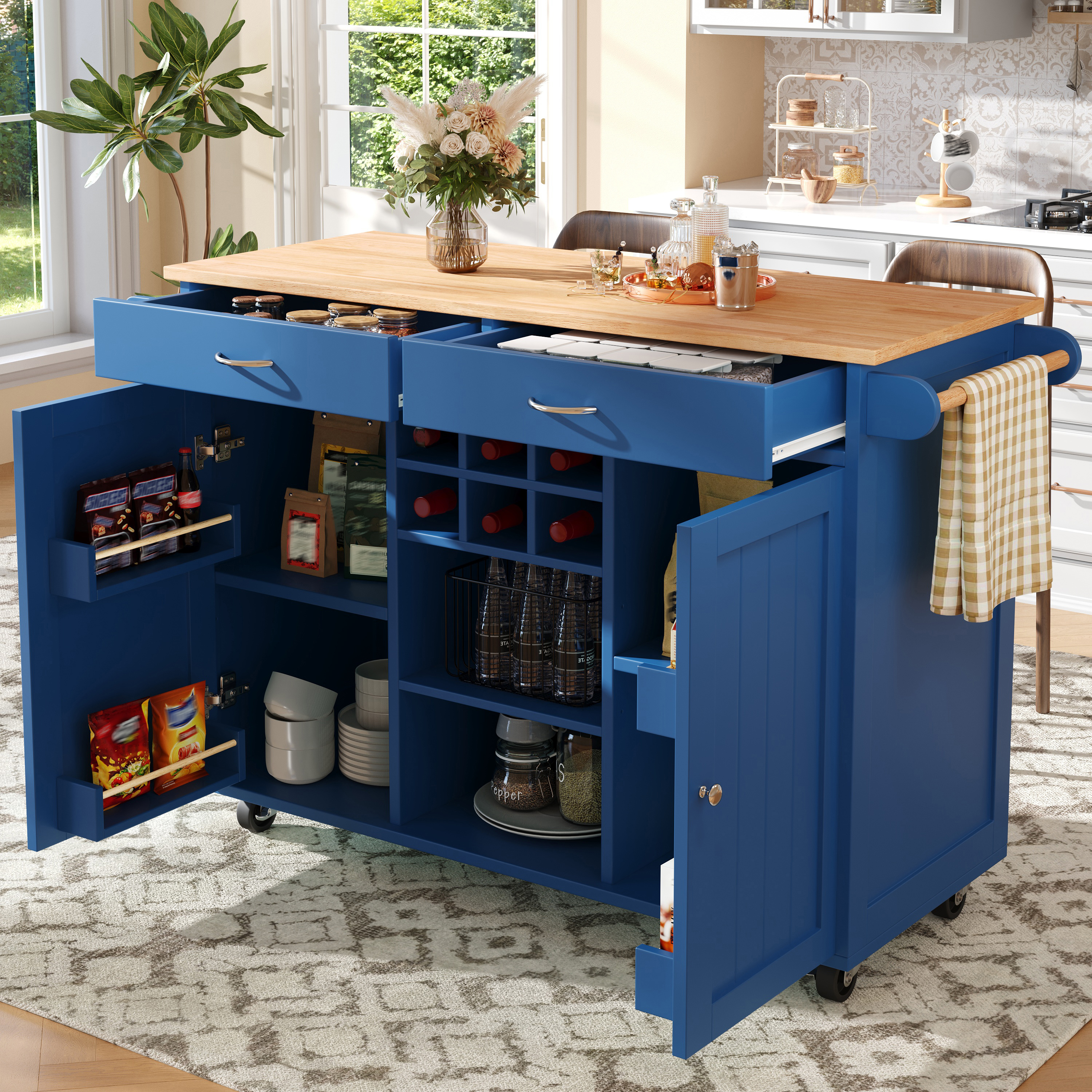 Modern Kitchen Island  102x45x92cm , Kitchen Cabinet, Buffet Cabinet, Wood Grain Dining Cart, Buffet Cabinet, Multifunctional Dining Table With Storage Space, Blue