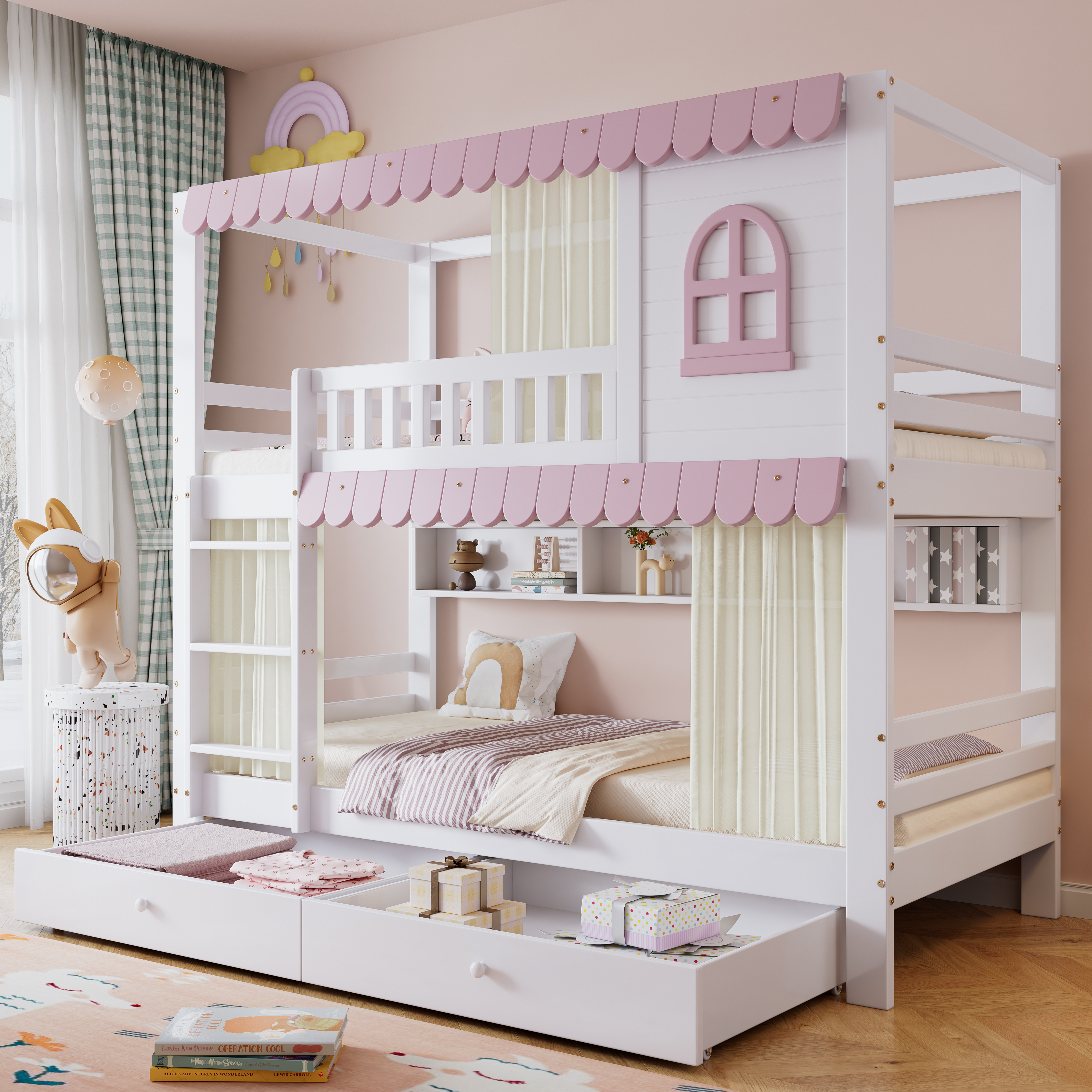 Bunk Bed, Children's Bed With Windows And Curtains, With Fall Guard, Open Shelf, Stable Railing, Two Drawers With Wheels, Plenty Of Storage Space, Pine MDF, White Pink, 90x200cm