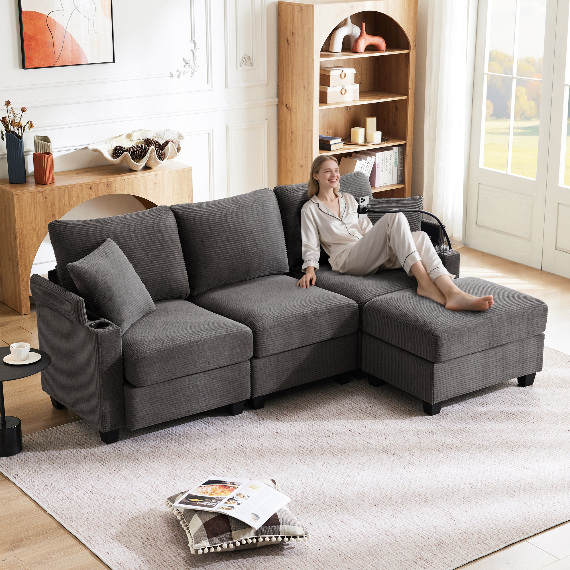 L-Shaped Corner Sofa,Convertible 3 Seater Sofa With Footstool, Cup Holder, USB Charger, Armrest Rest And 2 Cushions, Suitable For Living Room-Office-A