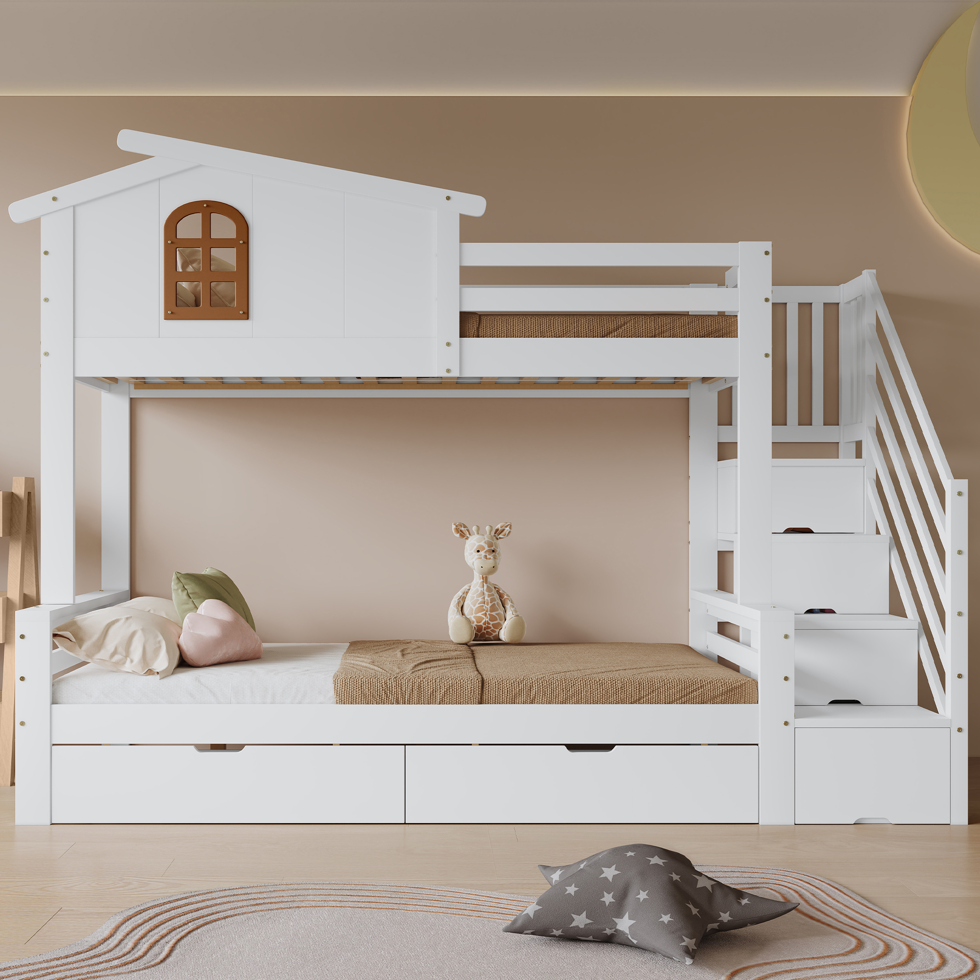 Bunk Bed, Baby Bed, Two Drawers With Wheels, Exquisite Beautiful Windows, Corner Ladder Cabinet, Sturdy Slatted Frames, Pine   MDF   Plywood, White Natural, 90x200cm&120x200cm
