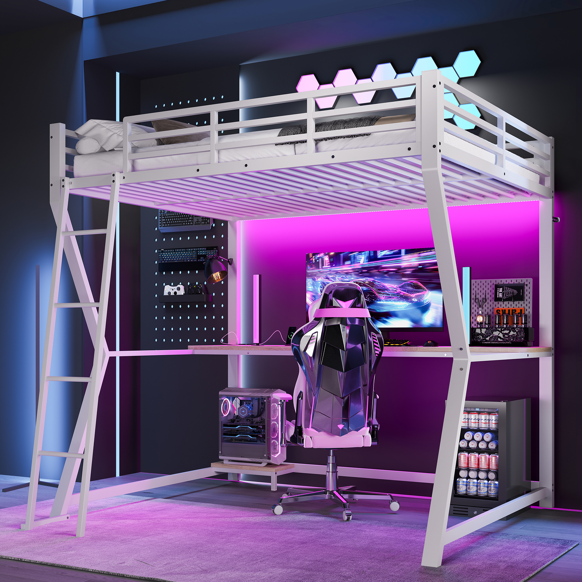 Loft Bed, 140x200cm, With LED Lights, Computer Console Shelf, Desk, Socket Usb, Railing, Stairs, Without Mattress, White