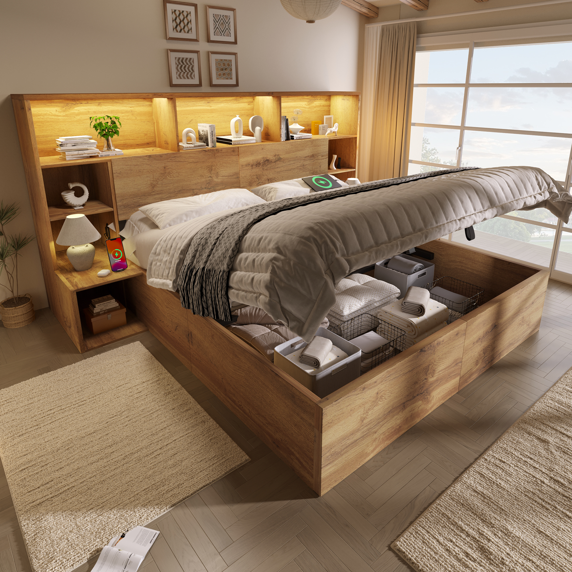 Systembett 180x200 Cm, Oak Optik Storage Bed With Hydraulic, Double Bed Wood With Integrated Night Tables, Bed Frame With Baroque Slats And Headboard-shelf, LED & USB-C, Without Mattress