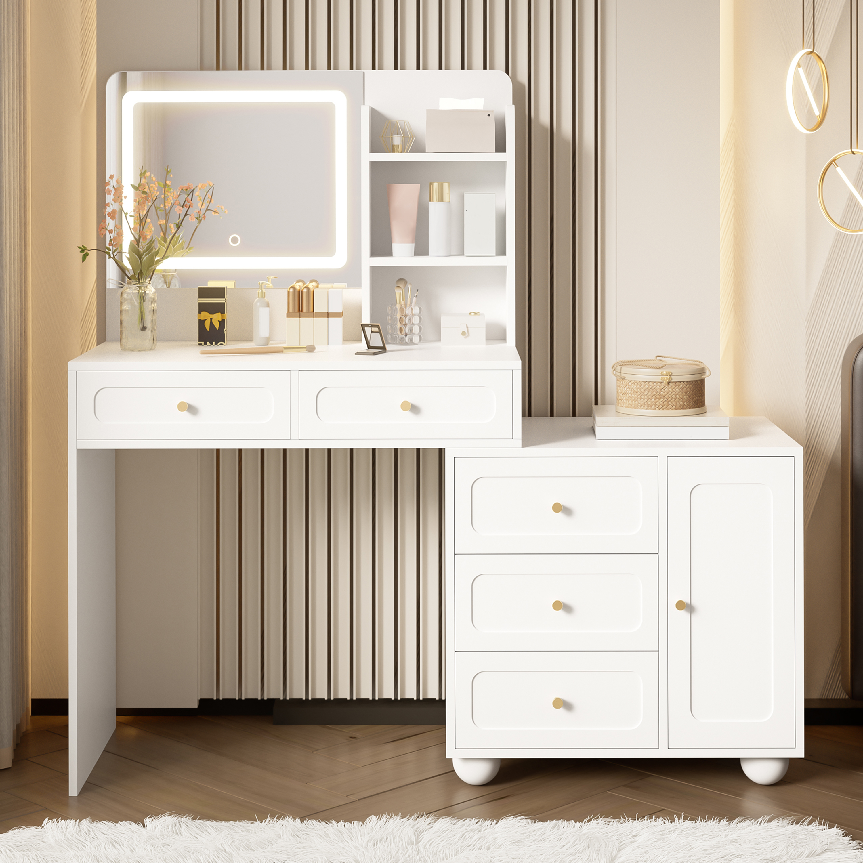 Large Dressing Table With Adjustable LED Lighting And Mirror, 5 Drawers, 1 Door And 3 Storage Compartments, White, 80x39.8x127cm