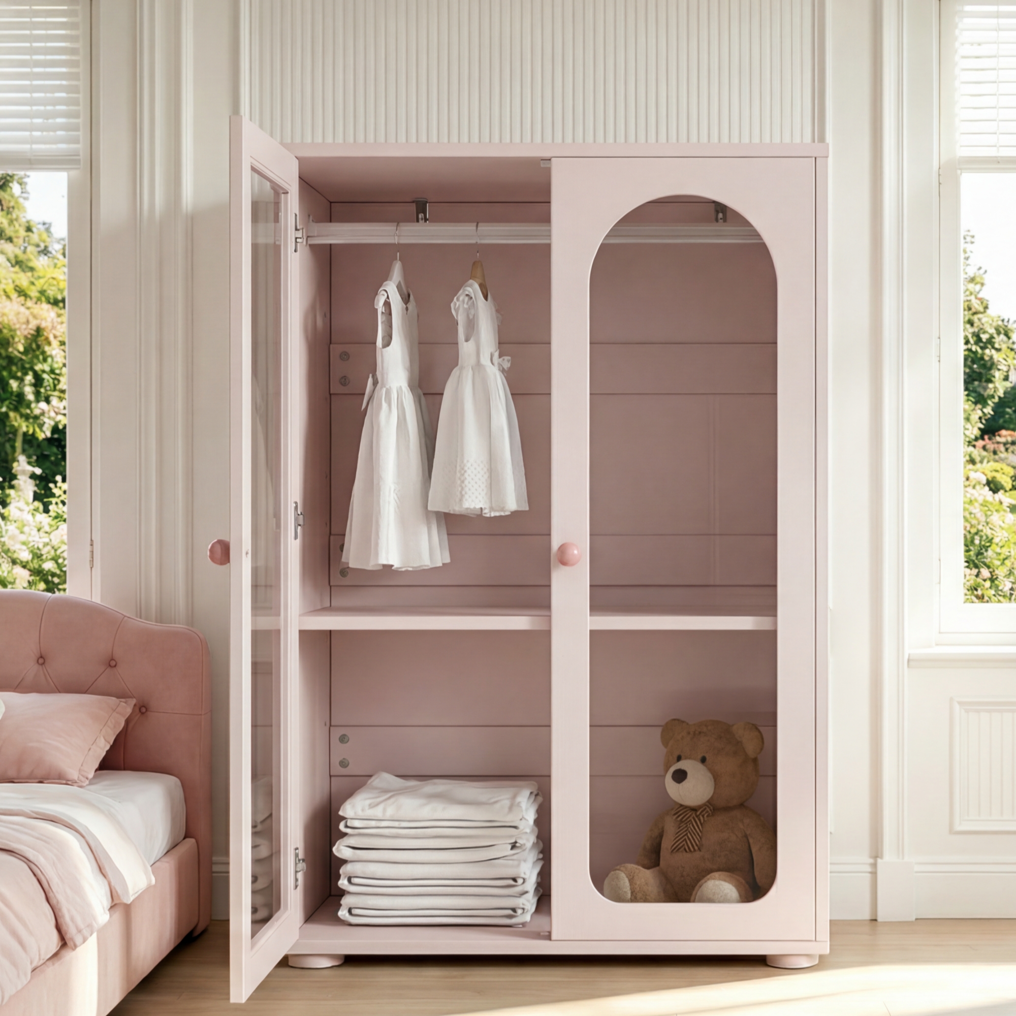 2-door Wardrobe, Lacquer Wardrobe, Bedroom Storage Cabinet, Children's Wardrobe, With Clothes Rail, Acrylic Transparent Doors, Ceramic Handles, Baby P