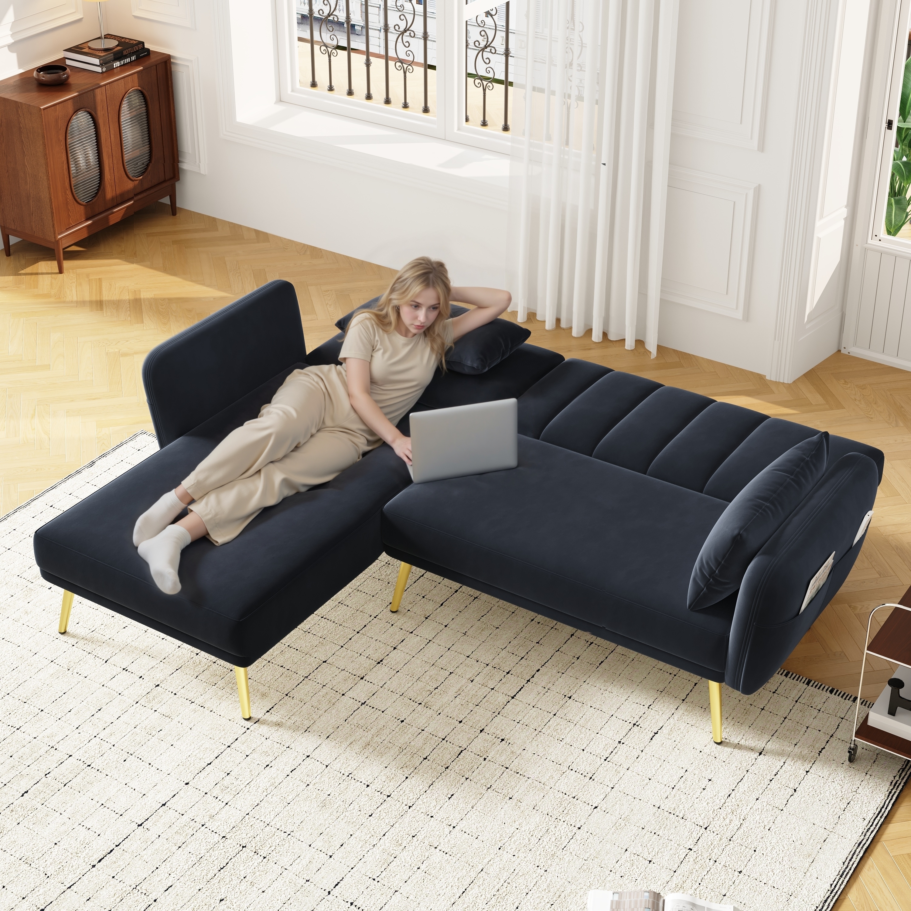 Modern Folding Sofa, L-shaped Sofa, Sofa Bed With Extra Corner, Corner Sofa With Sleeping Function, Suitable For Living Room, Bedroom, Home Cinema, Gu