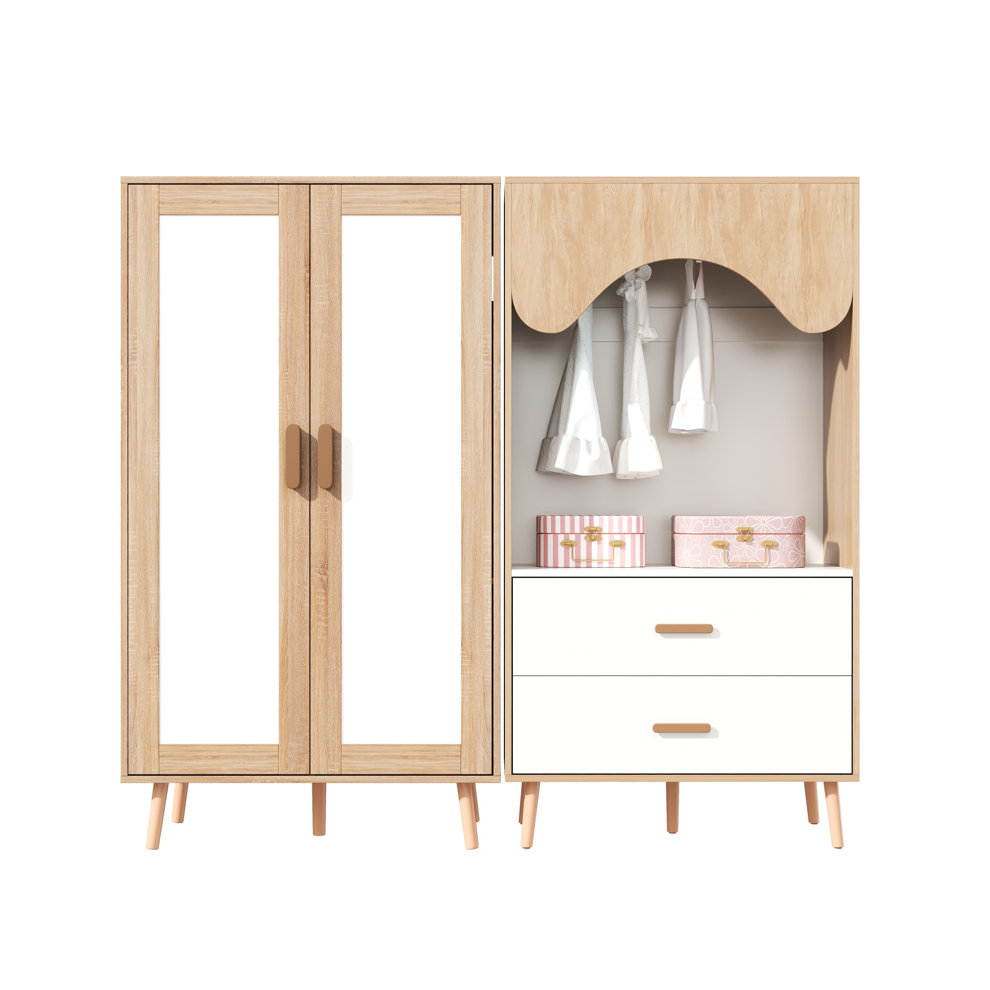Children's Wardrobe, Wardrobe Set, Two-door Wardrobe - Open Wardrobe, Bedroom Furniture, With Clothes Rail And Drawers, White And Wood Colour Combined, 160 X 46 X 141.5 Cm