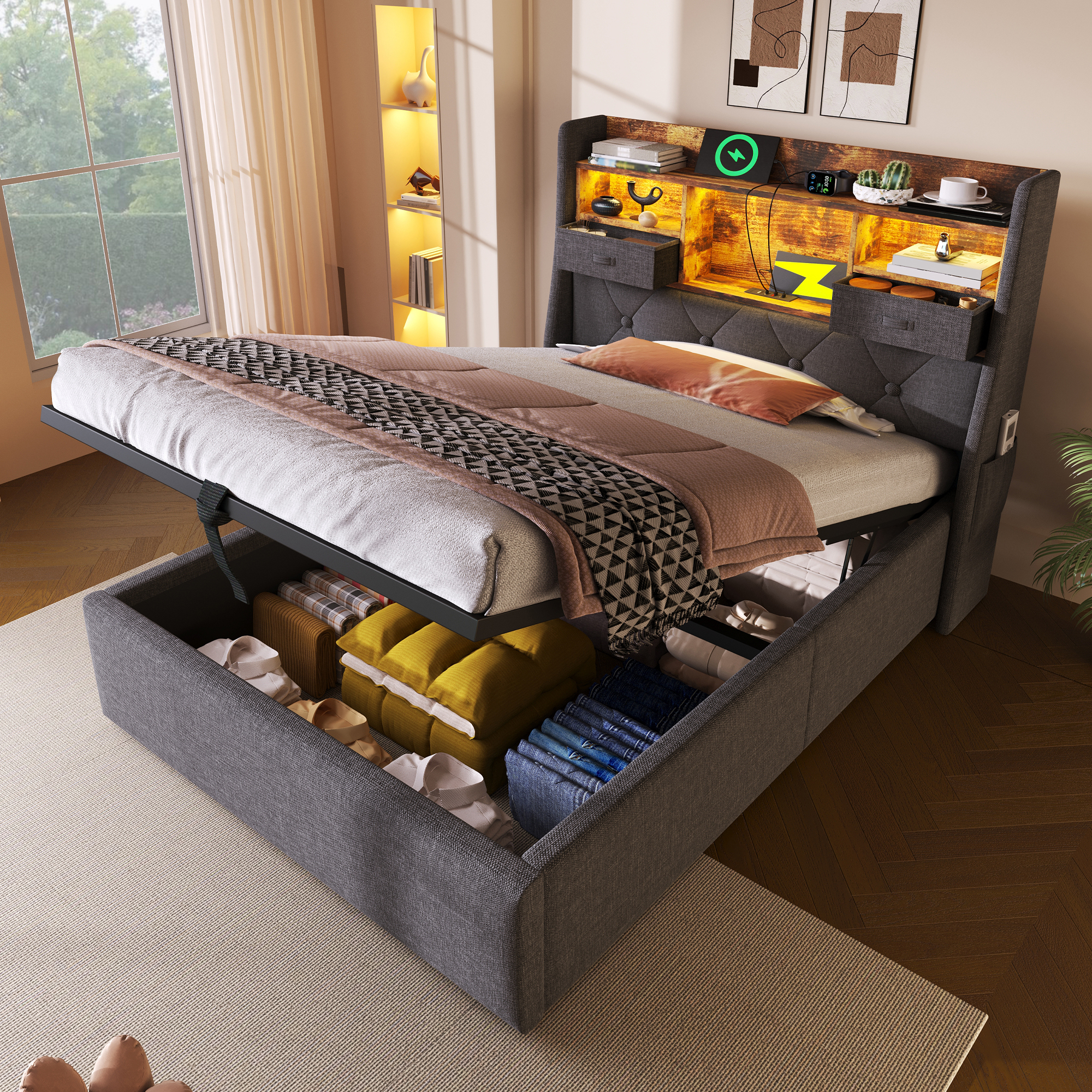 Upholstered Bed 90x200 Cm With Hydraulic Storage & LED Headboard, 4 Charging Stations  USB Type-C , Single Bed Incl. Slatted Frame, Grey Linen Fabric  Without Mattress