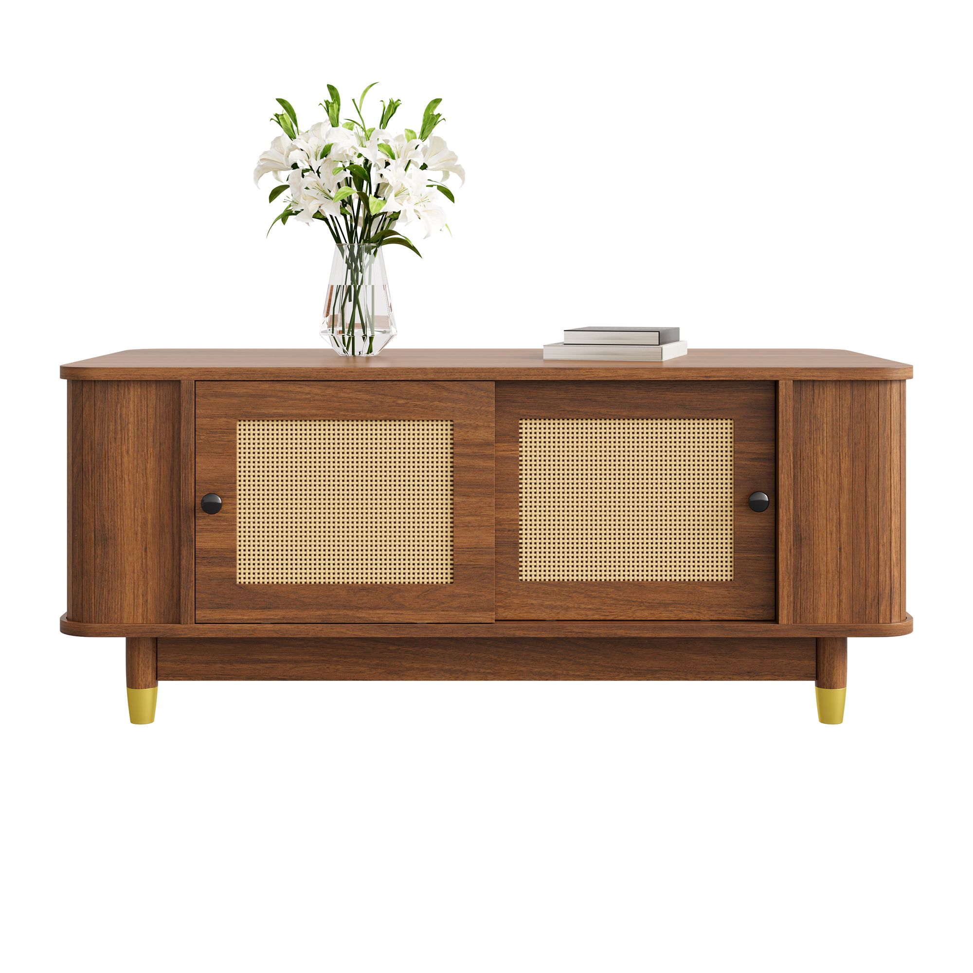 Coffee Table With Rattan Sliding Doors, Rounded Corners, Storage, MDF, Wood Effect, Living Room Table, Modern Design
