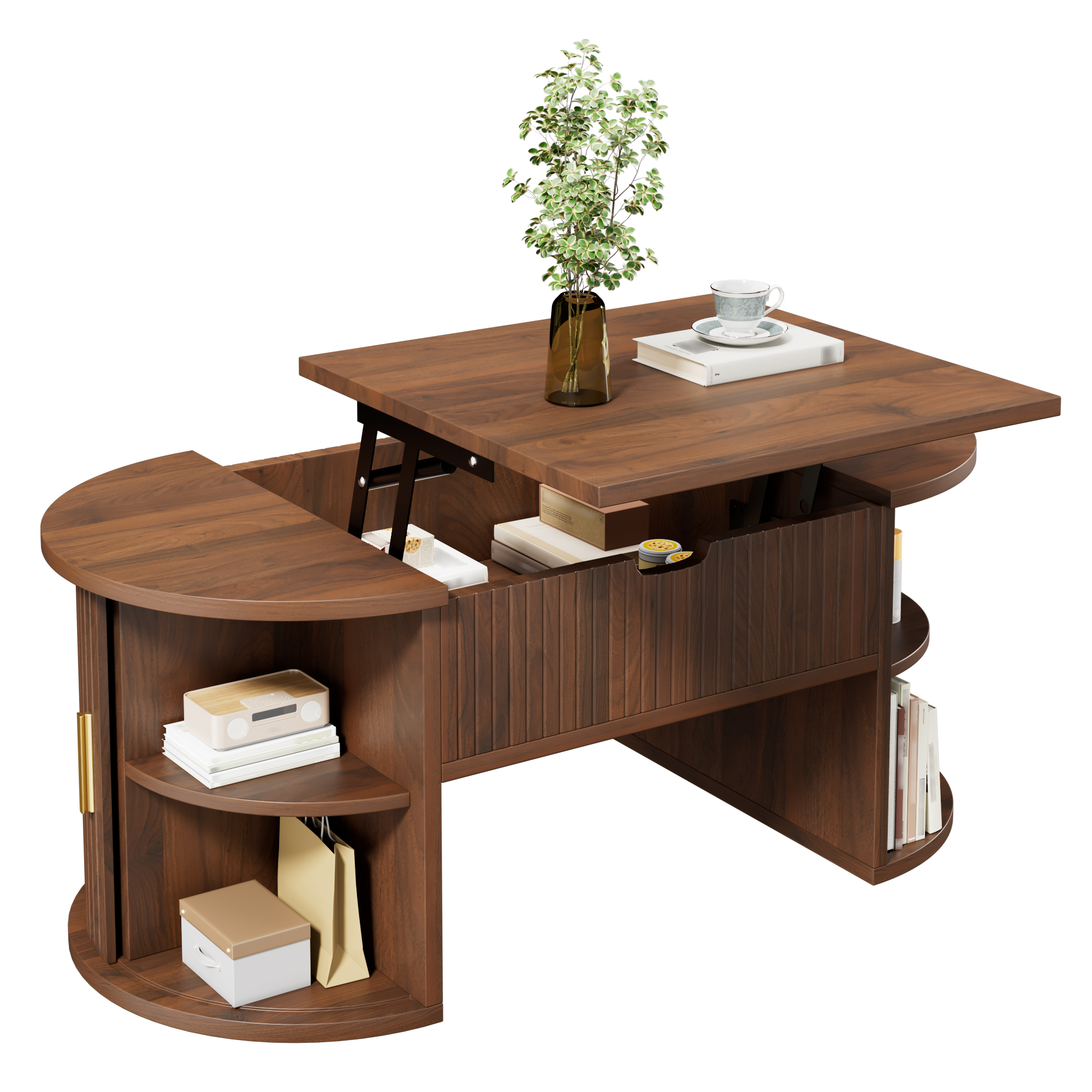 Modern Height Adjustable Coffee Table , Height Adjustable Coffee Table For Living Room , Open Shelves And Hidden Storage , Sliding Doors , Ideal For Small Homes And Home Offices