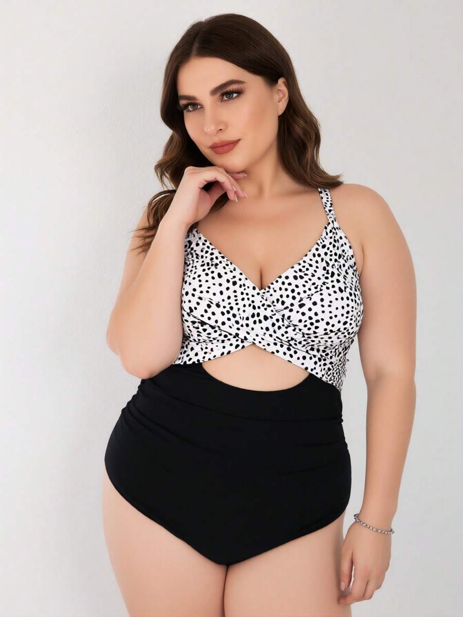 2026 New Women's Plus Size One-Piece Swimsuit: Black & White Dalmatian Print Twist Front With Cutout