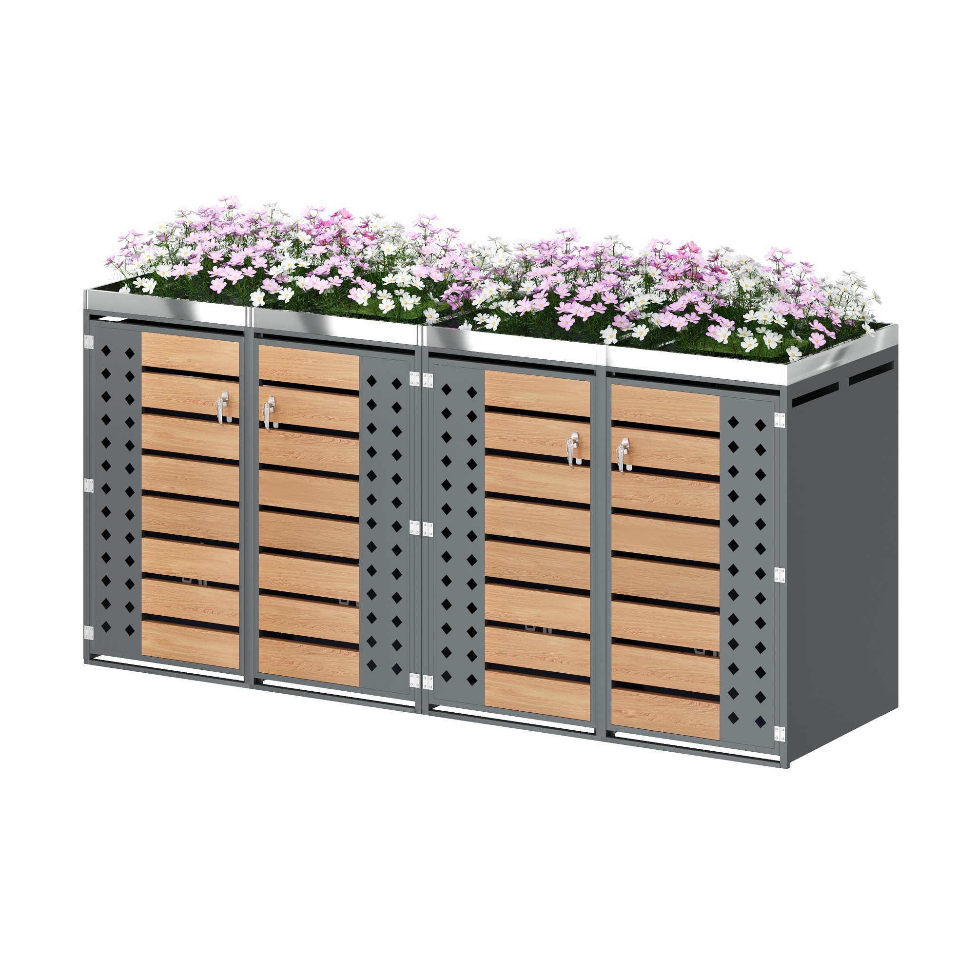 Trash Can Box, Horizontal Wood Grain Panels, Trash Storage Compartments,Lockable, Four Doors,Planting Area,Diamond Shaped Hollow Door Panel