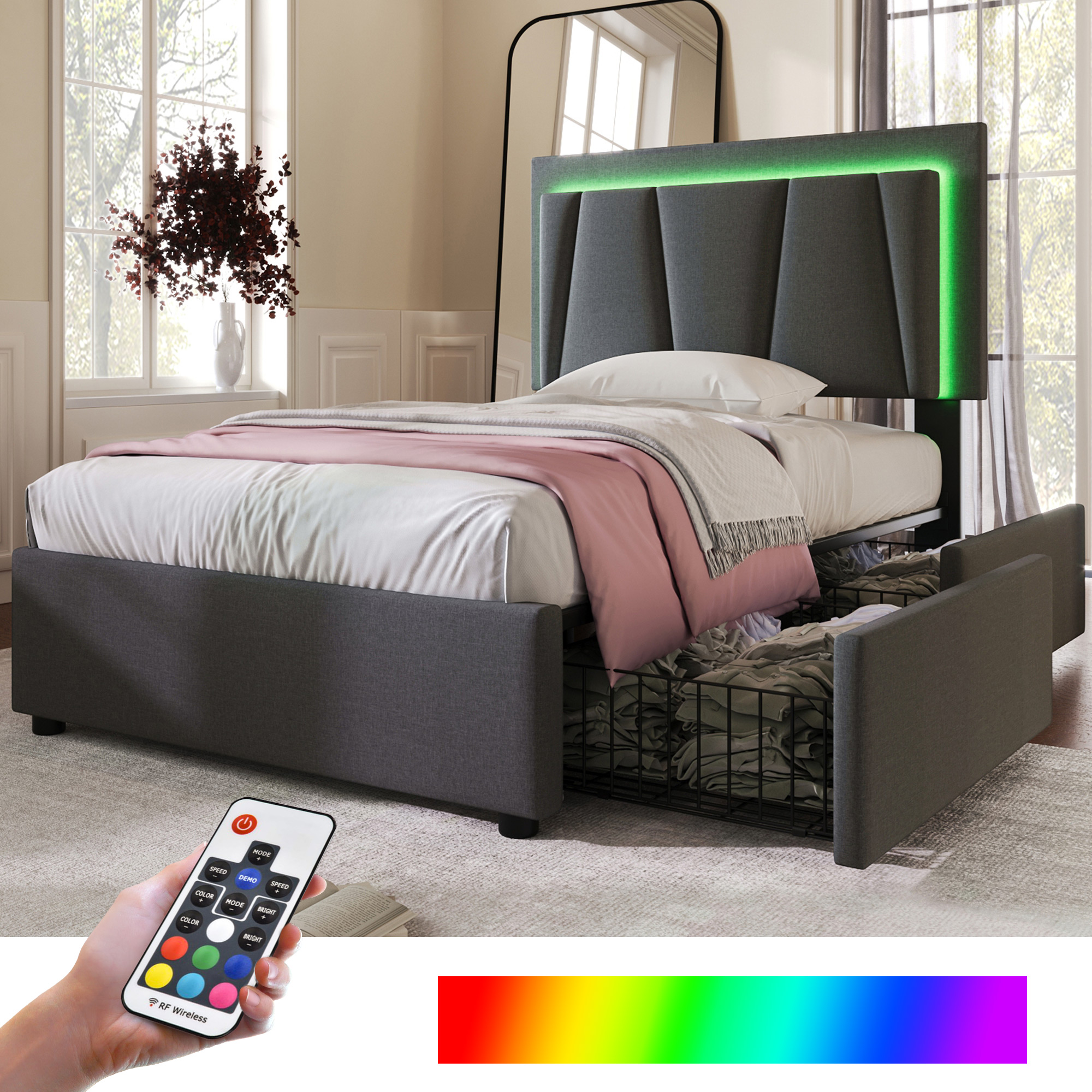 Upholstered Bed With LED Lighting And 2 Drawers,Height-adjustable Headboard,Single Bed 90x200cm Storage Beds Bed Frame, Wooden Slatted Base,Grey  Without Mattress