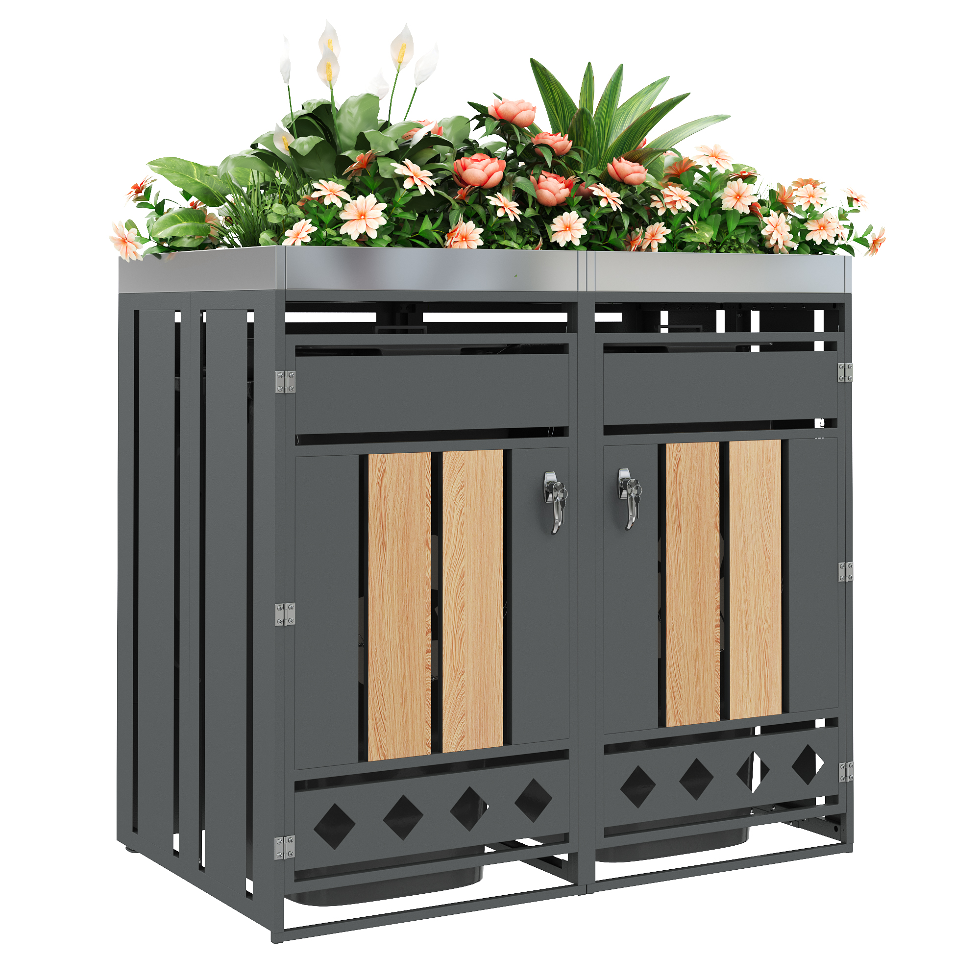 Trash Can Box, Trash Storage Compartments, Lockable, Two Doors, Planting Area, Vertical Wood Grain Door Panel, Diamond Hollow Sock