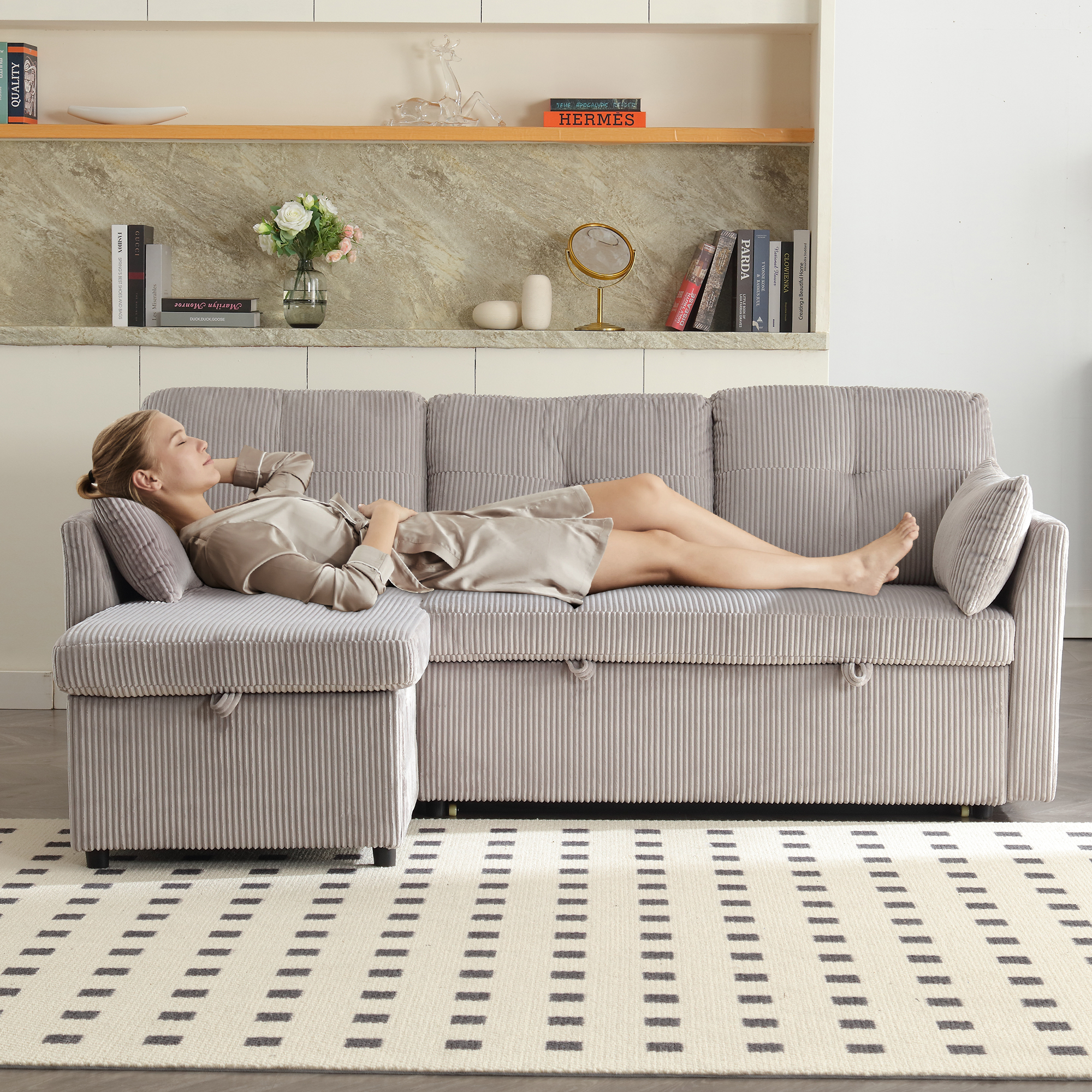 Multi-functional Sofa Bed With Storage And Pull-out Bed, Chaise Longue Interchangeable Sofa Bed, Sectional Sofa With Storage Seats, Modular L-shaped Sofa, Modular Corner Sofa For Living Rooms