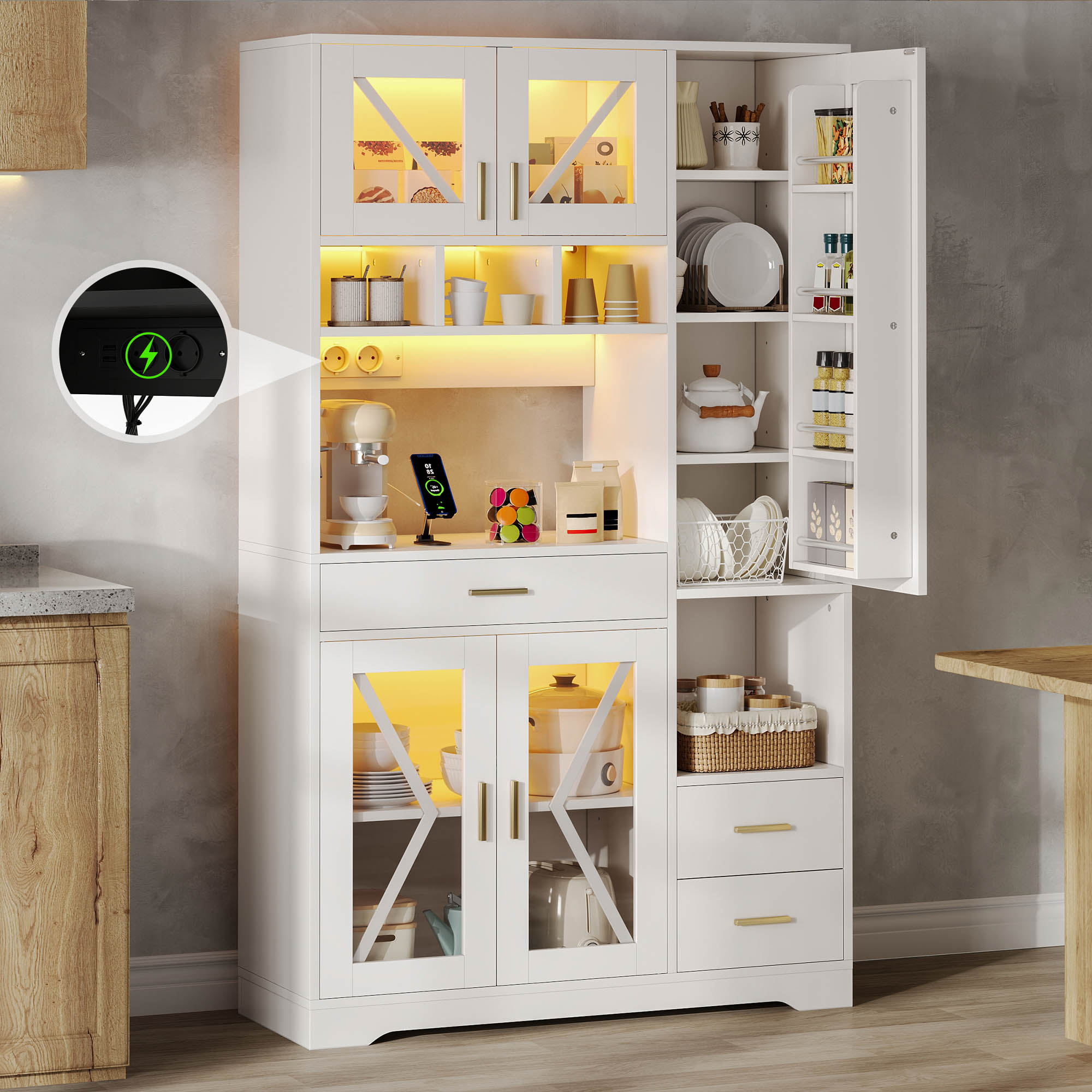 Barn-style Kitchen Cabinet, High Storage And Display Cabinet With Adjustable Shelves, Drawer, Color-changing LED Lighting And Sockets, 185 X105 X40 Cm.