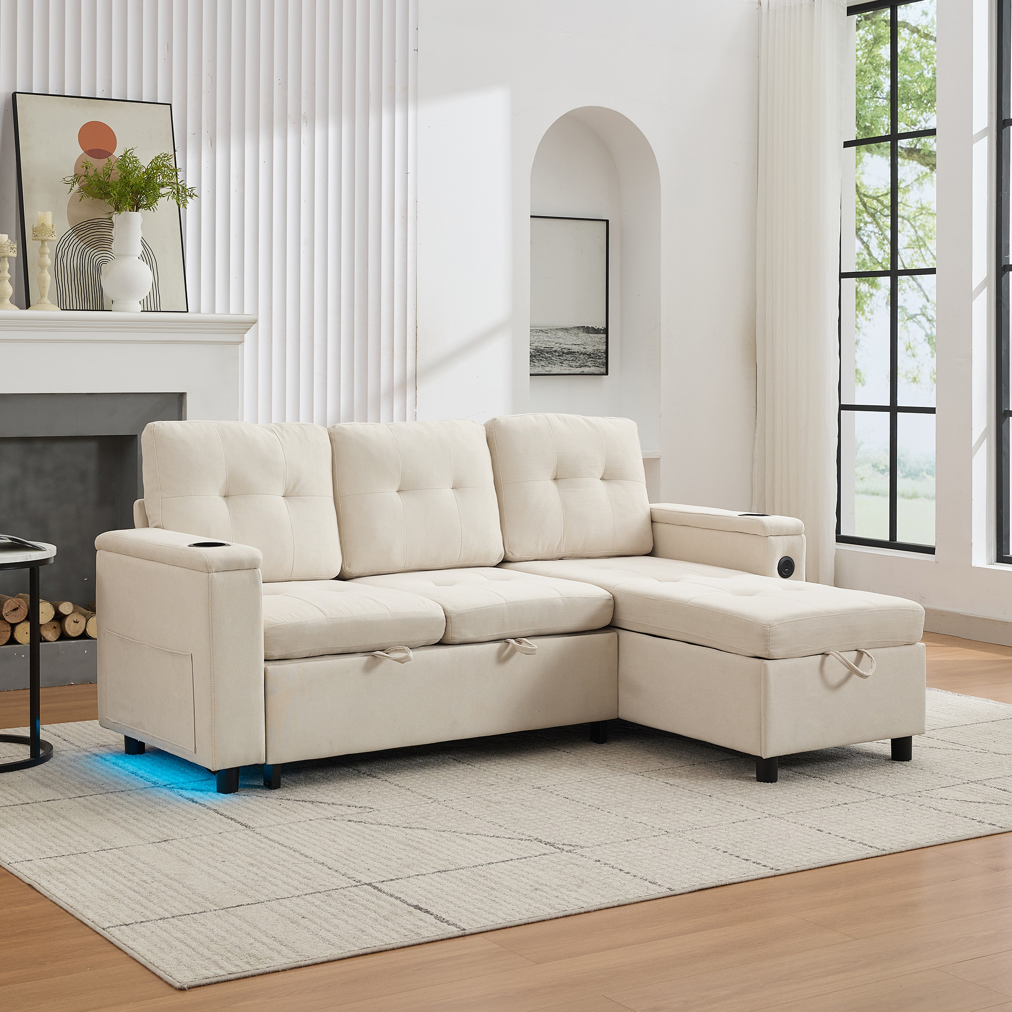 208 X 146 X 89.5 Cm Sofa, Three-seater Sofa Bed,folding Sofa With Hidden Storage,ambient Sofa With LED Light Strip,corner Sofa Treviso ,L-shaped Sofa,beige