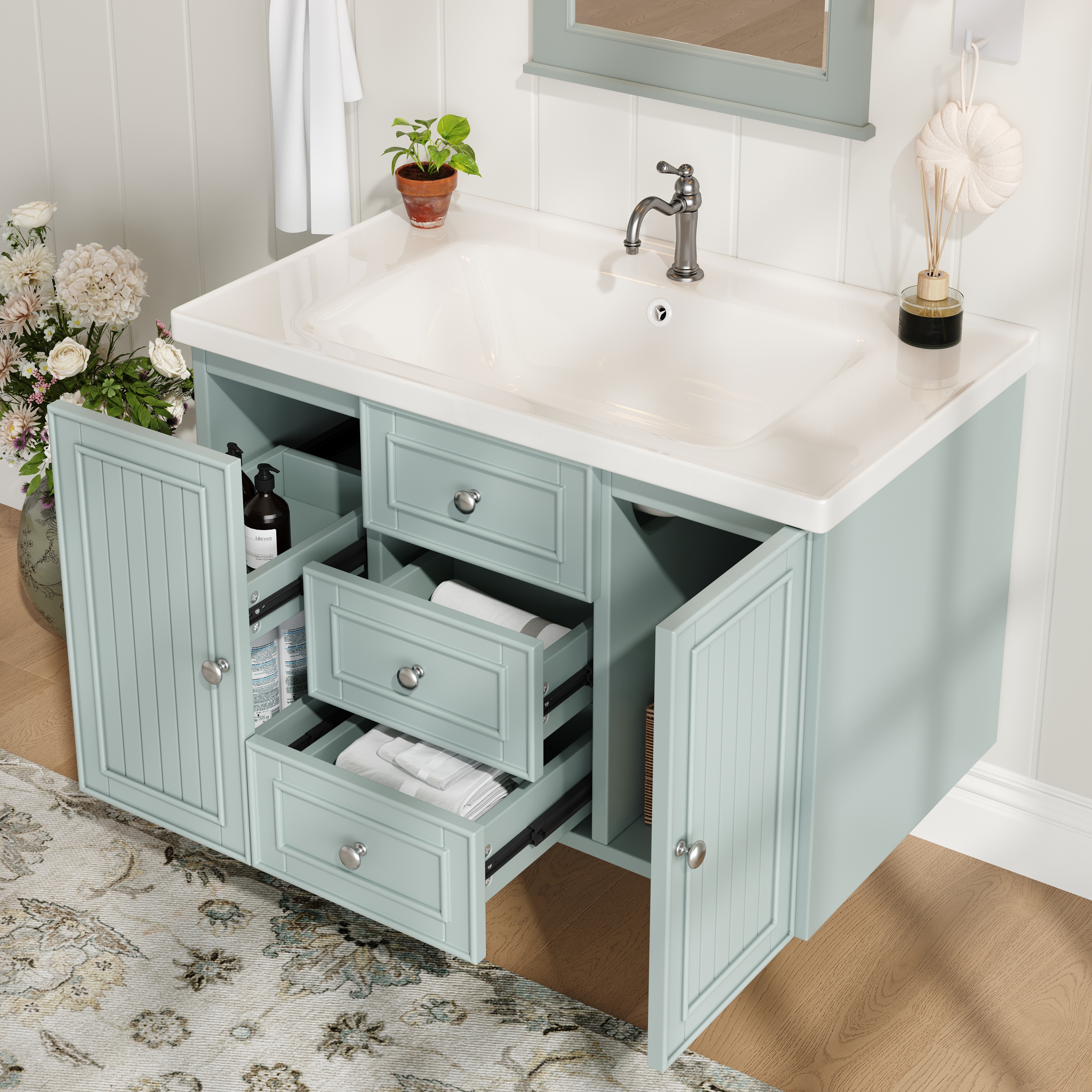 Washbasin Cabinet, Base Cabinet, Vanity Cabinet, Bathroom Cabinet With 3 Drawers, Plenty Of Storage, Hanging Vanity, Bathroom Cabinet With Sink, Green