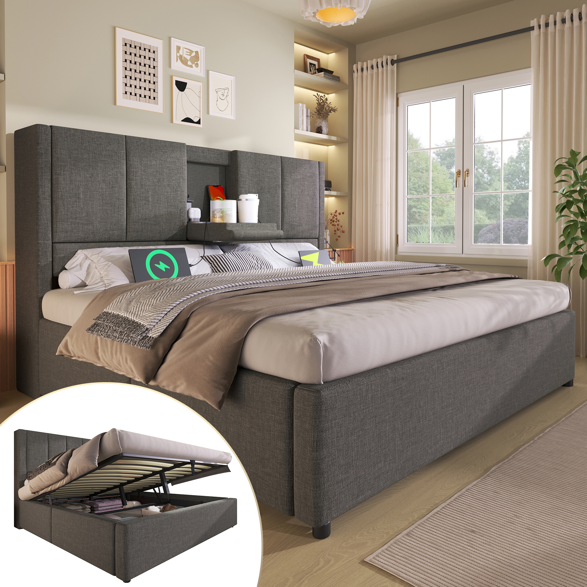 Upholstered Bed 140x200 Cm, Double Bed With Hidden Cup Holder & Charging Station, Hydraulic Bed With Storage Space Under The Bed, Incl. Slatted Frame, Linen Grey  Without Mattress