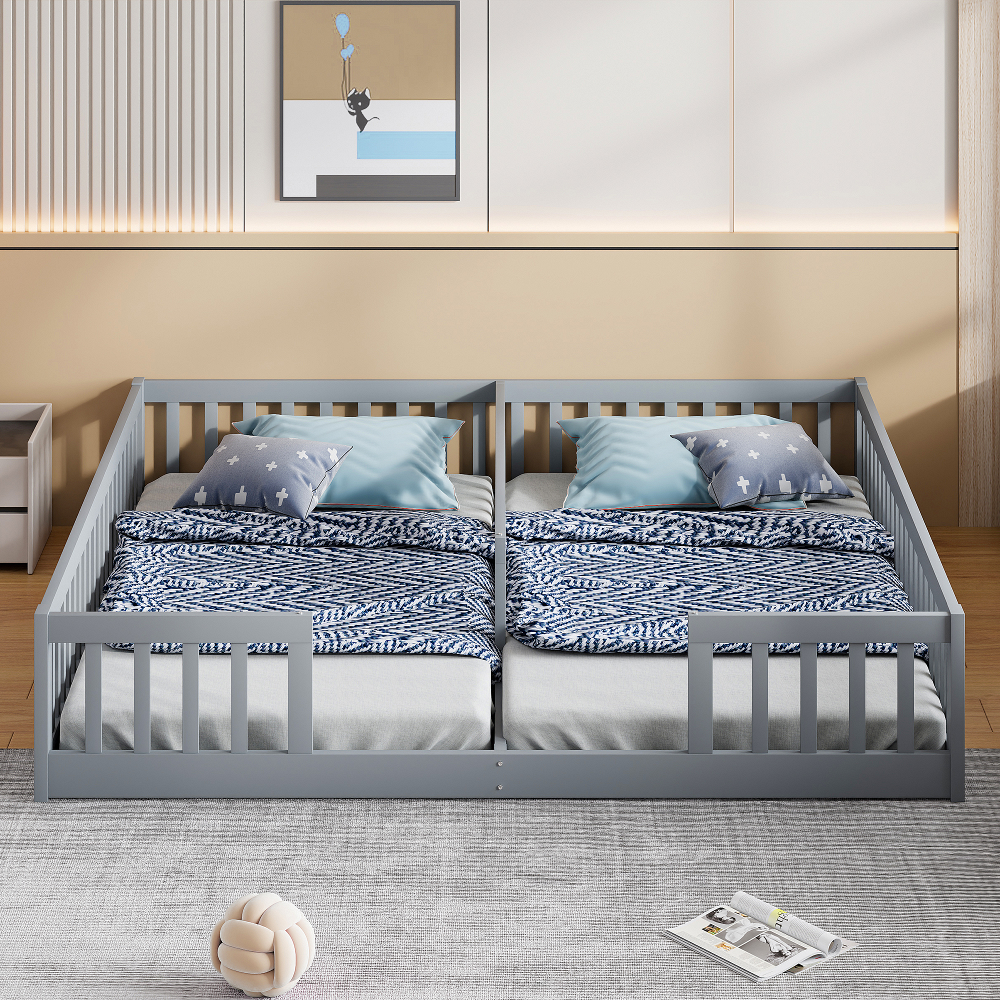 Panel Bed, 90 X 200 Cm, Cot With Rail, Without Slatted Base  Without Mattress , For Families With Two Children, Pinewood, Minimalist Style, Grey