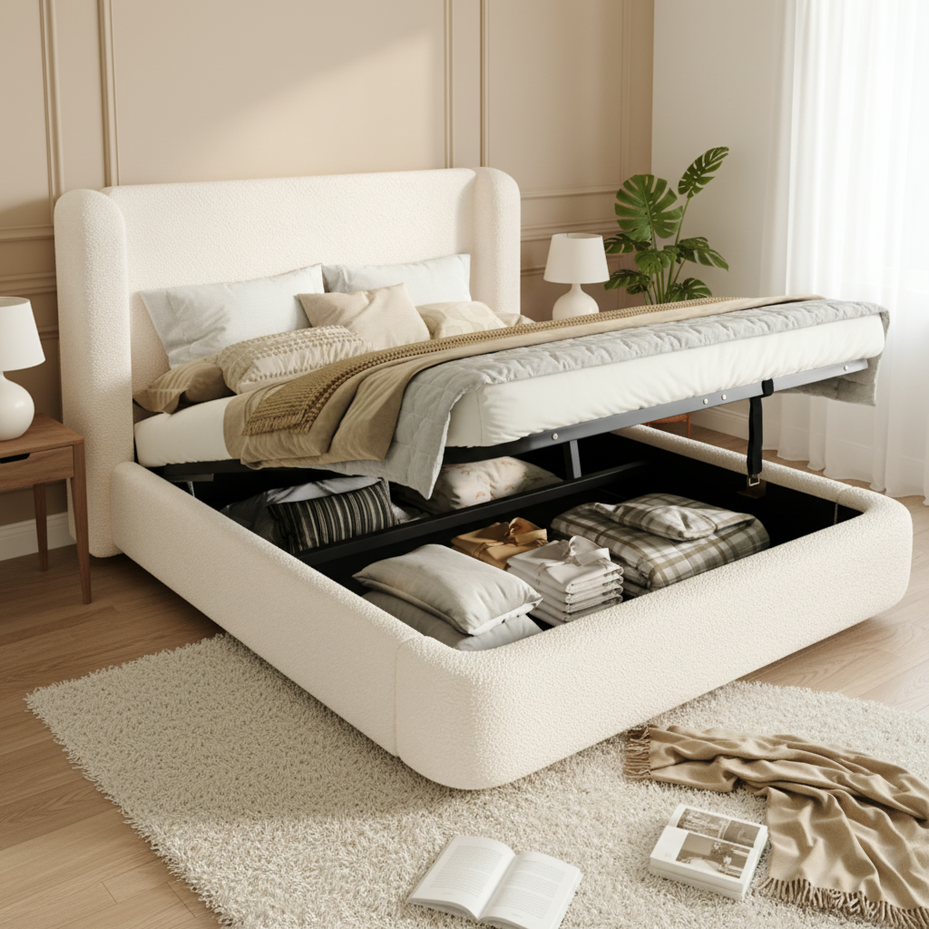 Upholstered Bed,double Bed,hydraulic Functional Bed,bed With Slatted Base, Headboard And Large Storage Space, Upholstered Headboard, Beige Boucle, 180 X 200