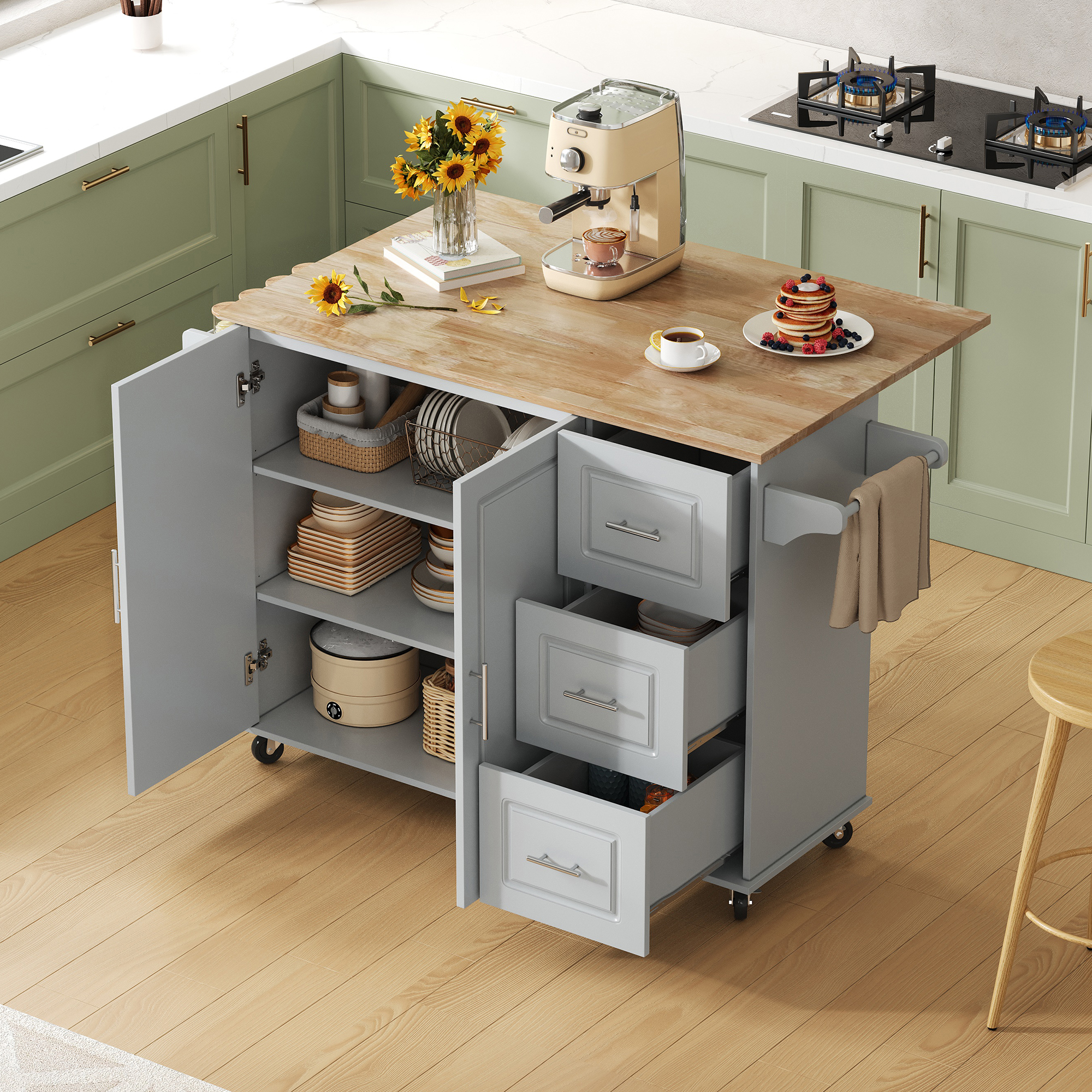 Îlot de Cuisine Mobile 137×92 cm, Plan de Travail Chêne Pliant