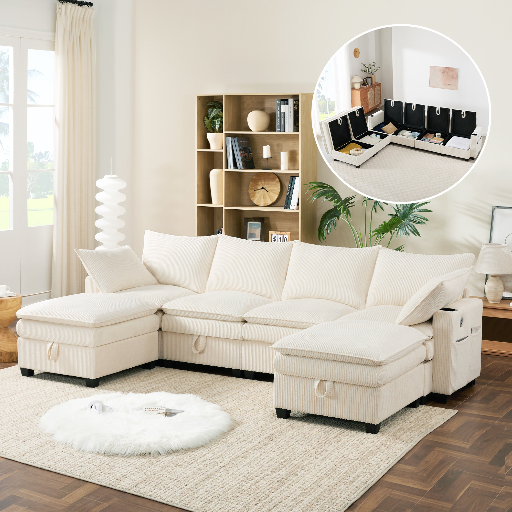 Modern L-Shaped Sofa With Corduroy Cover, Removable Footstool, USB Ports, Storage Compartments And Cup Holders, Modular Sofa For Living Room, Apartment And Small Rooms, Beige