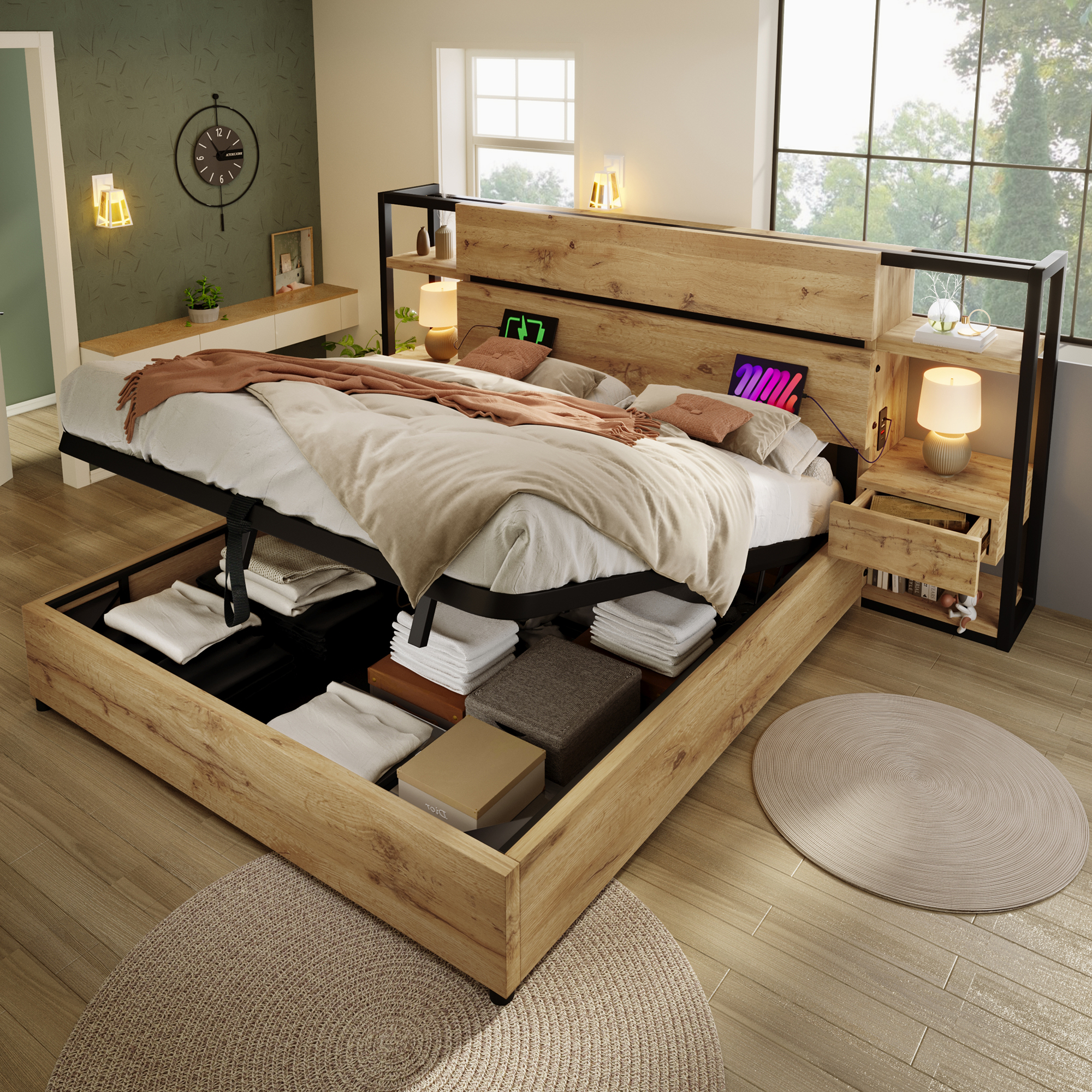 Wooden Bed Double Bed 160X200cm, Hydraulic Storage Bed, Storage Headboard With Drawers And USB&Type-C Charging Port, Bed Frame With Wooden Slats, Oak 