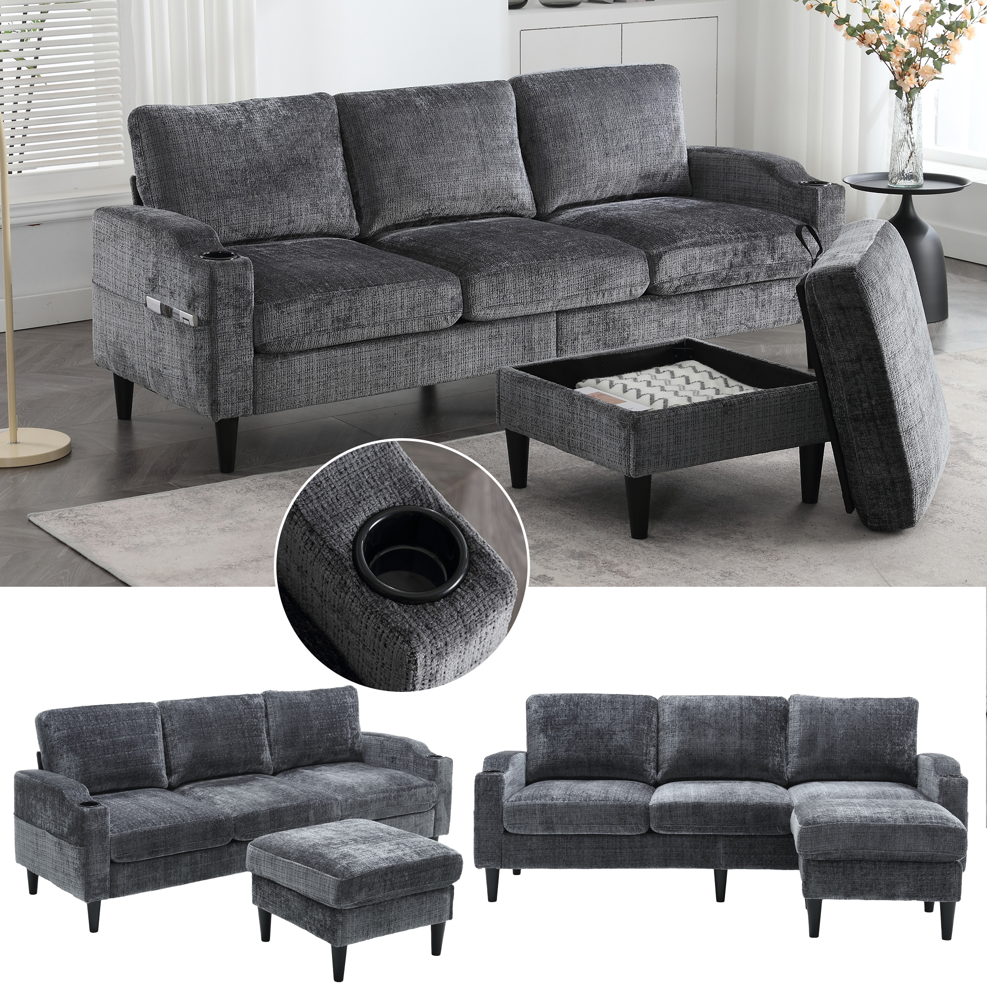 Elegant Sofa With Stool & Storage  4-seater With Comfortable Armrests, Cup Holder, Side Pockets & Sturdy Plastic Feet, Velvet Cover For Skin-friendly Comfort